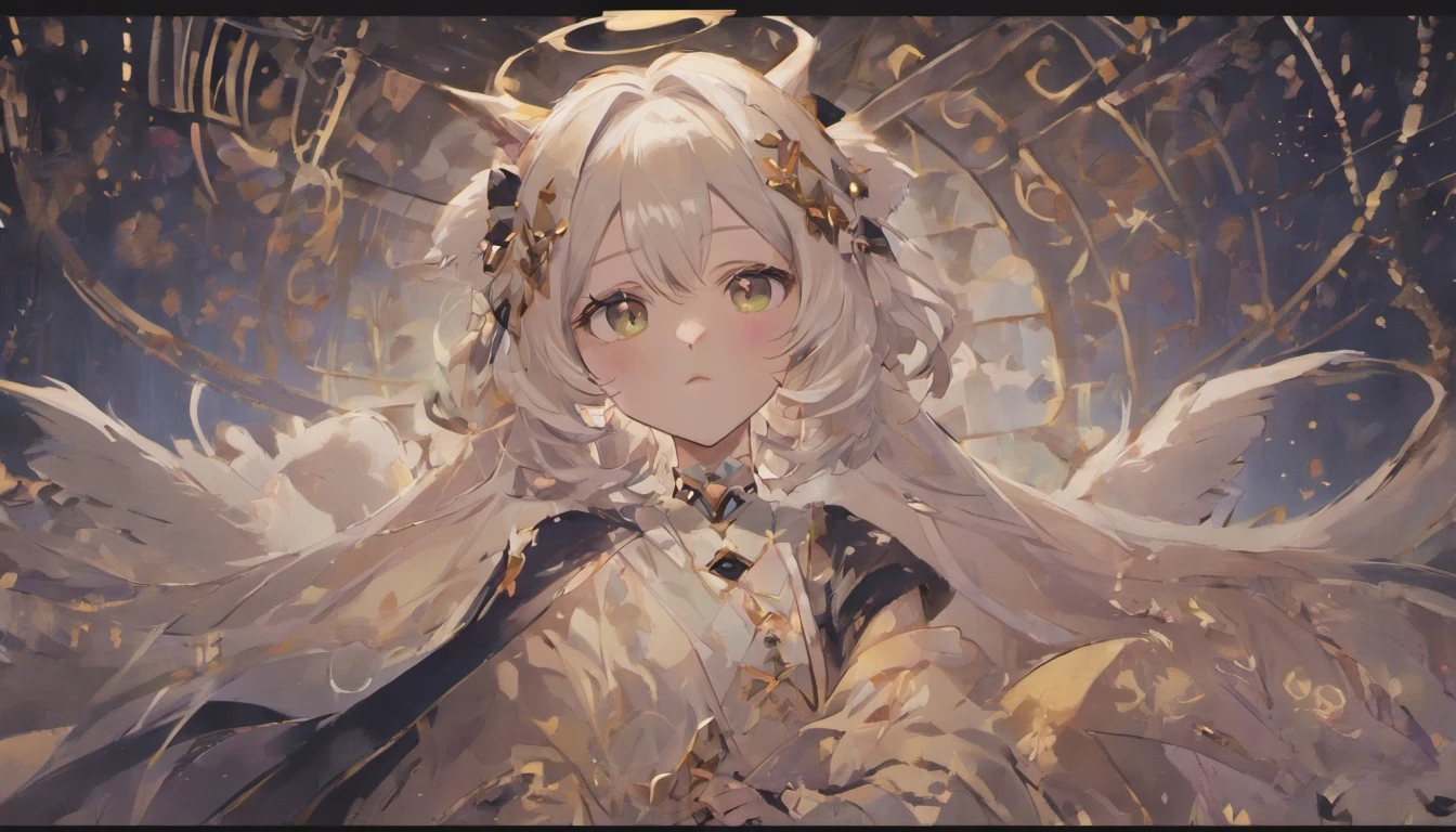 White cat lady,Only one black wing.,White on the outside and black ears on the inside,There is a black diamond halo on the right ear,Black claws,Wearing a black moon necklace,There are small chains on the tail,