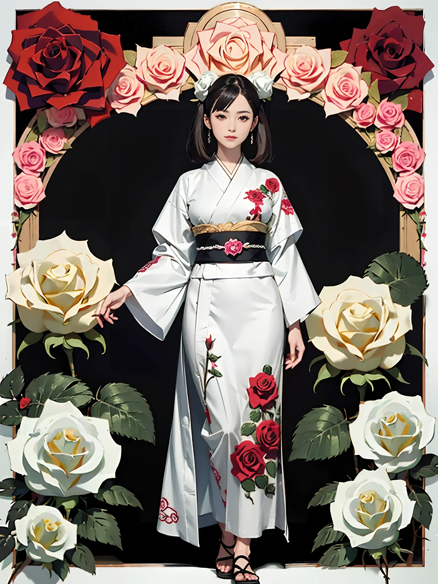rokoko:1.5,Background of details(Japanese garden(White Rose:1.5)),BREAK ,elaborate costume(Luxury kimono(Green kimono(detailed embroidery(Rose pattern embroidery:1.2)))),BREAK,1 Beautiful and classy adult woman(Japanese actressl:1.2)(glossy dark hair(poneyTail:1.2))(Arms outstretched),BREAK,Wallpapers 16K,Blur the background,(masutepiece:1.5), (Best Quality:1.5),(Portrait photos:1.5),(full body Esbian:1.5)
