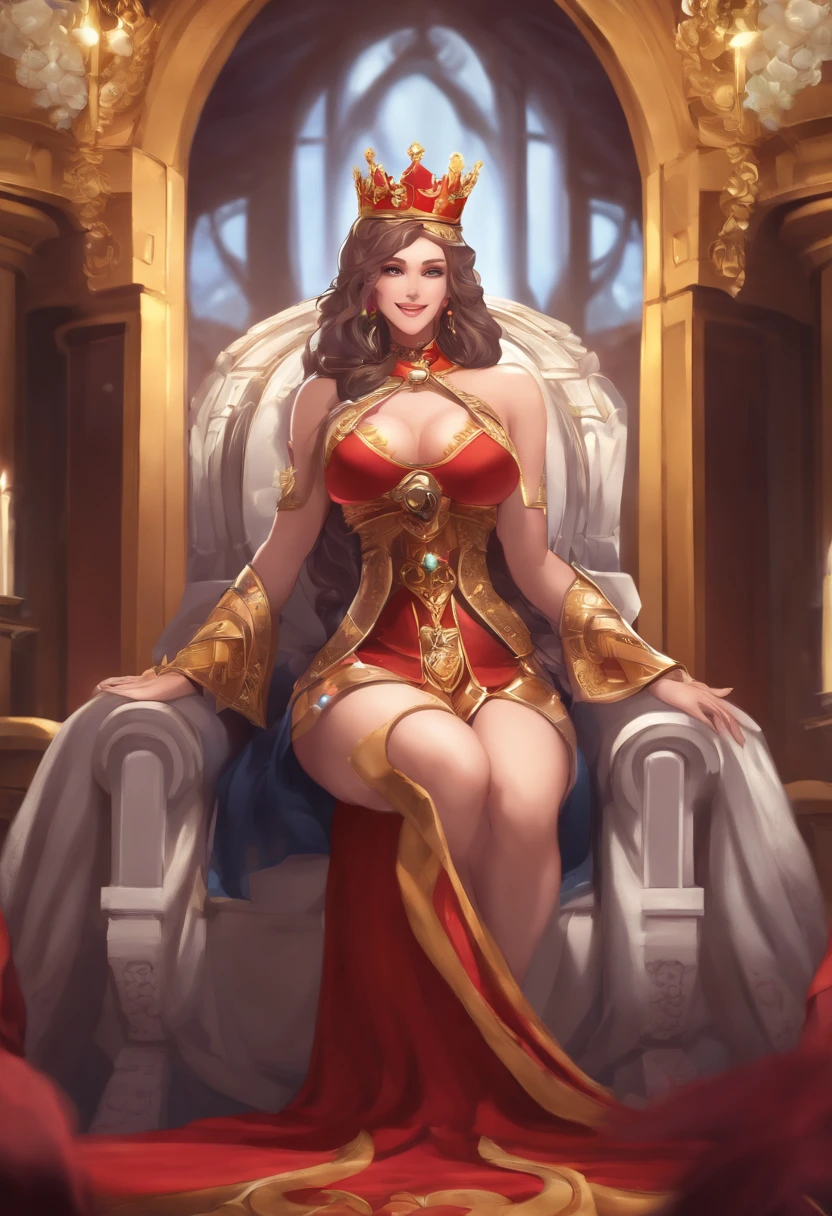 queen, sitting on throne, beautiful, navel, abs, royalty, anime, high definition, gigantic breasts, huge breasts, happy, smiling, gorgeous, anime style