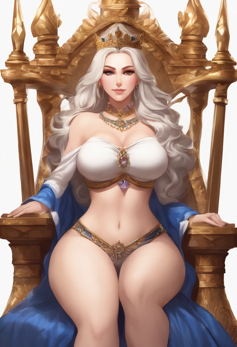 queen, sitting on throne, beautiful, navel, abs, royalty, anime, high definition, gigantic breasts, huge breasts, happy, smiling, gorgeous, anime style