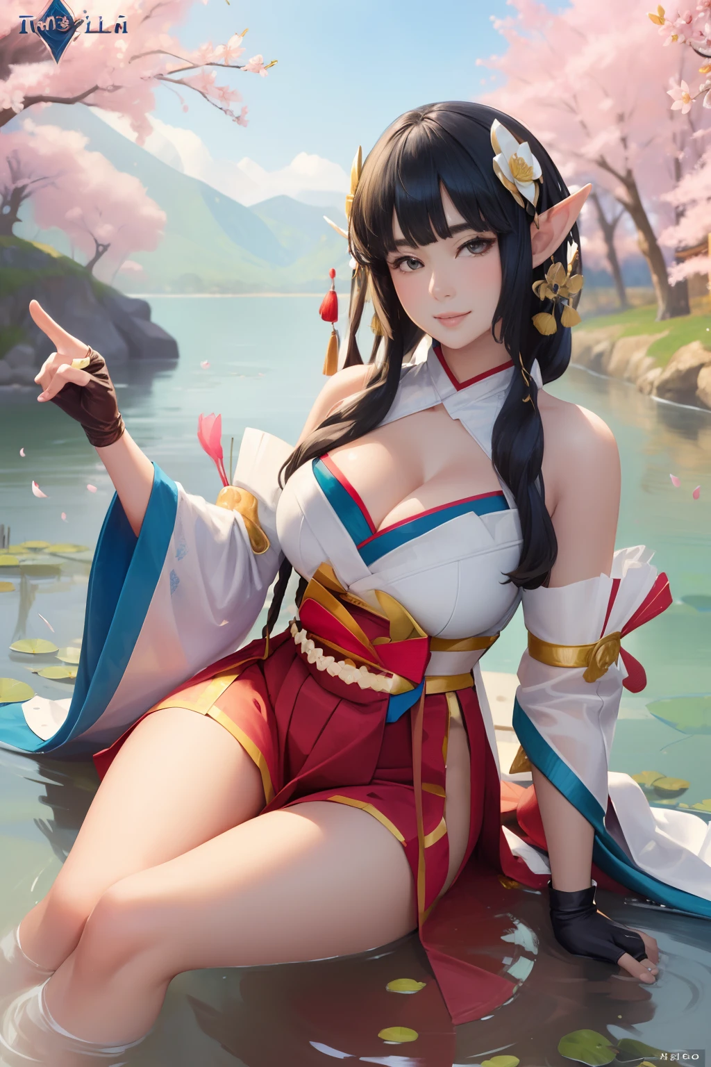 (((big breasts))), cute girls, elf, 1girl, solo, long hair, looking at viewer, smile, skirt, large breasts, black hair, hair ornament, gloves, cleavage, brown eyes, detached sleeves, japanese clothes, wide sleeves, blunt bangs, fingerless gloves,  girl sitting in lake, lotus, lotus leaf, cherry blossom, koi fish, japanese temple, (masterpiece,best quality:1.5)