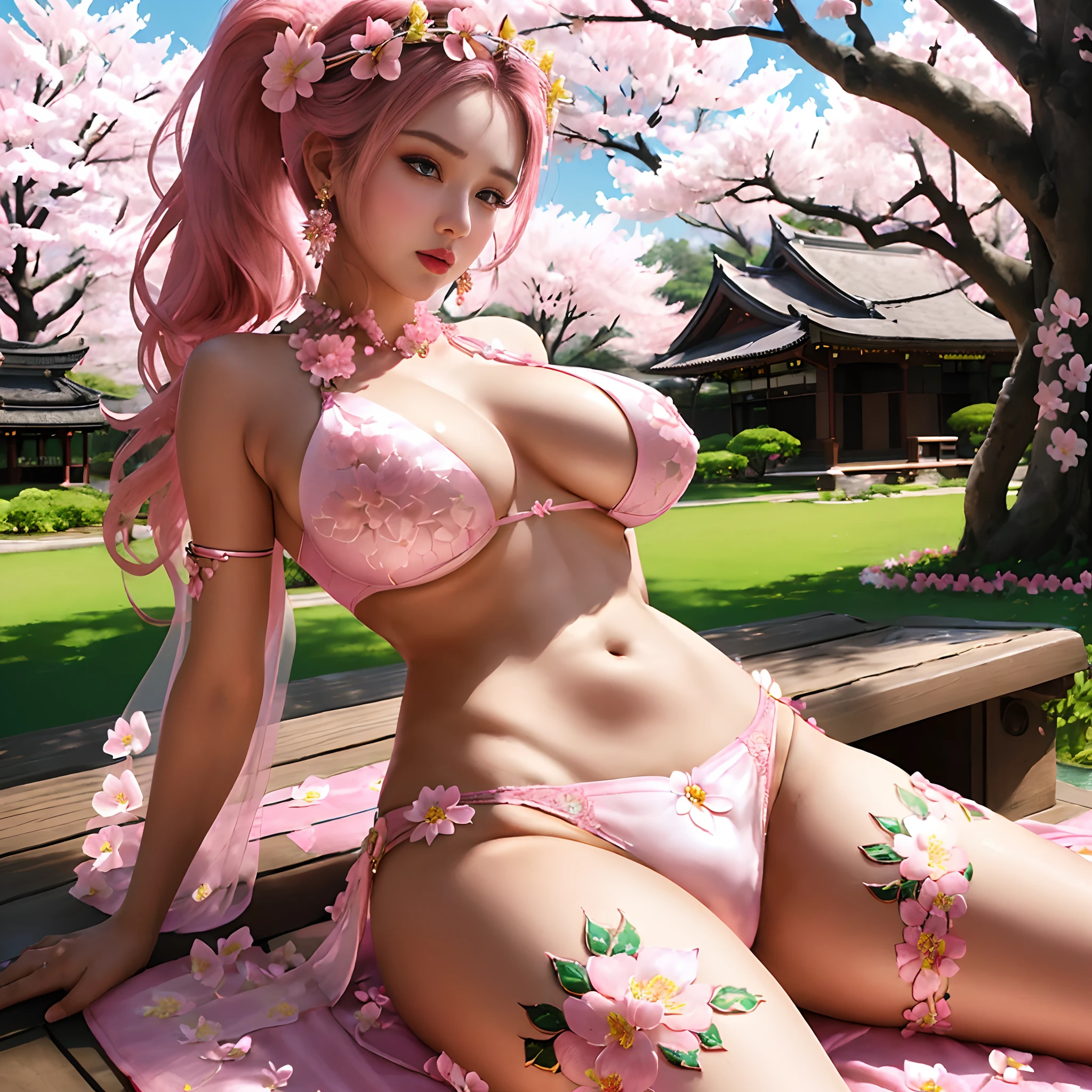 (beautifull lady with very gigantic breast, medium ponytail hair, wear kebaya spread legs lying near pink sakura tree) ,(detailed pink bra), (detailed kebaya), (flower earring), (flower crown), (show cleaveage), (show underboobs) , (show sideboobs), (show thigh), (detailed flower hairpin), (detailed flower underboobs ornament), (detailed luxury flower chest ornament), (detailed luxury flower arm ornament), (detail flower hips ornament), expensive detailed flower necklace, (very gigantict:1,9), beautifull pink sakura tree, detail sakura tree, detail pink flower field, detail pink flower background, beautifull face, pretty face, beautifull eyes, beautifull nose, sexy lips, pink nails, raytracing, nsfw, beautifull fingers, beautifull hands, sexy belly, sexy body, sexy shoulders, sexy legs, sexy hips, (luxury bracelet), (luxury ring), (luxury earring), (luxury necklace), black nails , blue eye, (4 fingers in 1 hand), white skin, full body picture, pretty makeup