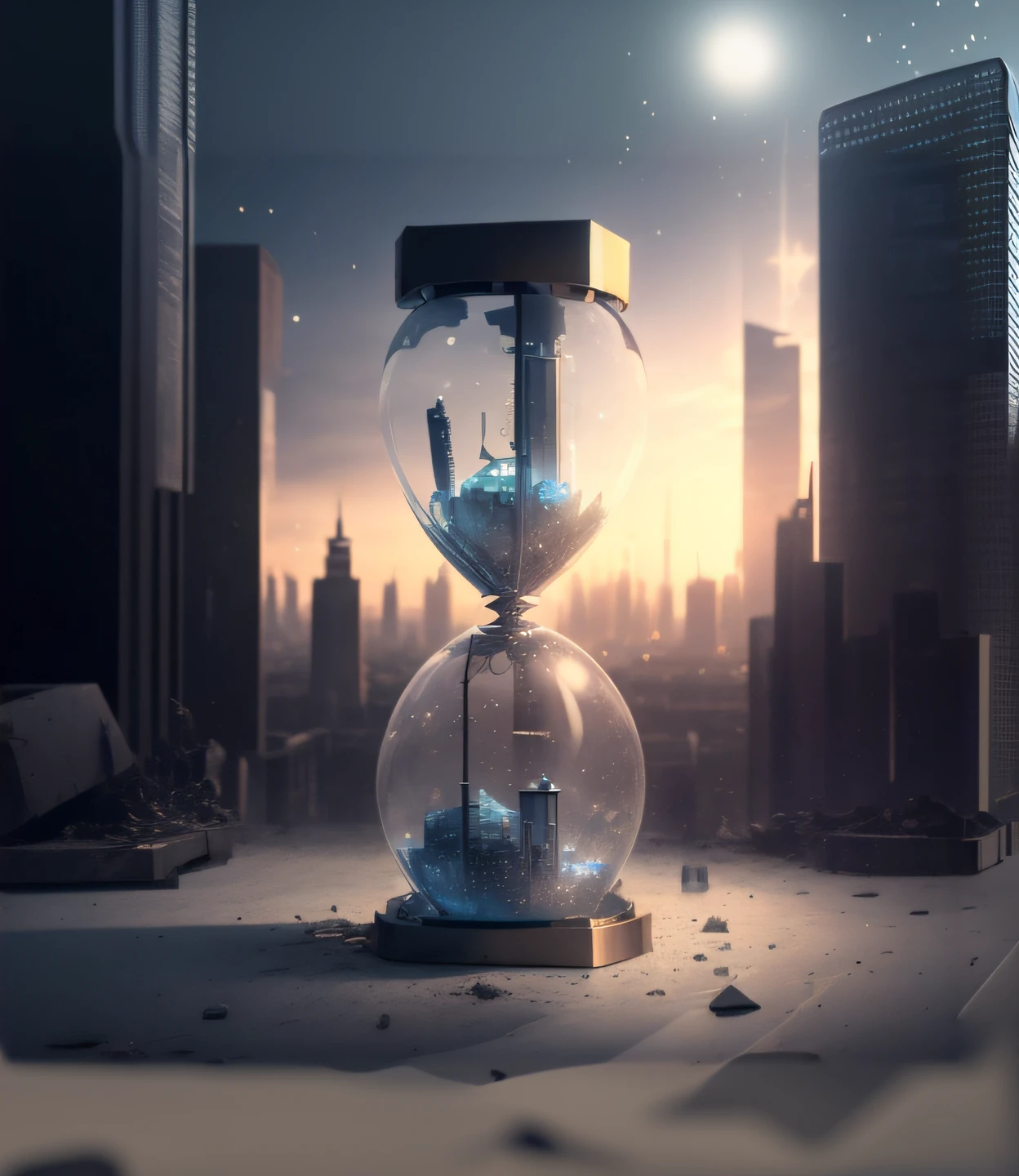 There's an hourglass with a city in the background, 3 d render bipe, surreal 3 d render, created in Octane Rendering, rendered in Octane 32k Rendering, rendered in Octane Rendering, daily render, Surrealismo 8K, time consumes us all, Super renderizado em octano render, bipe. octan render, bipe de recuo