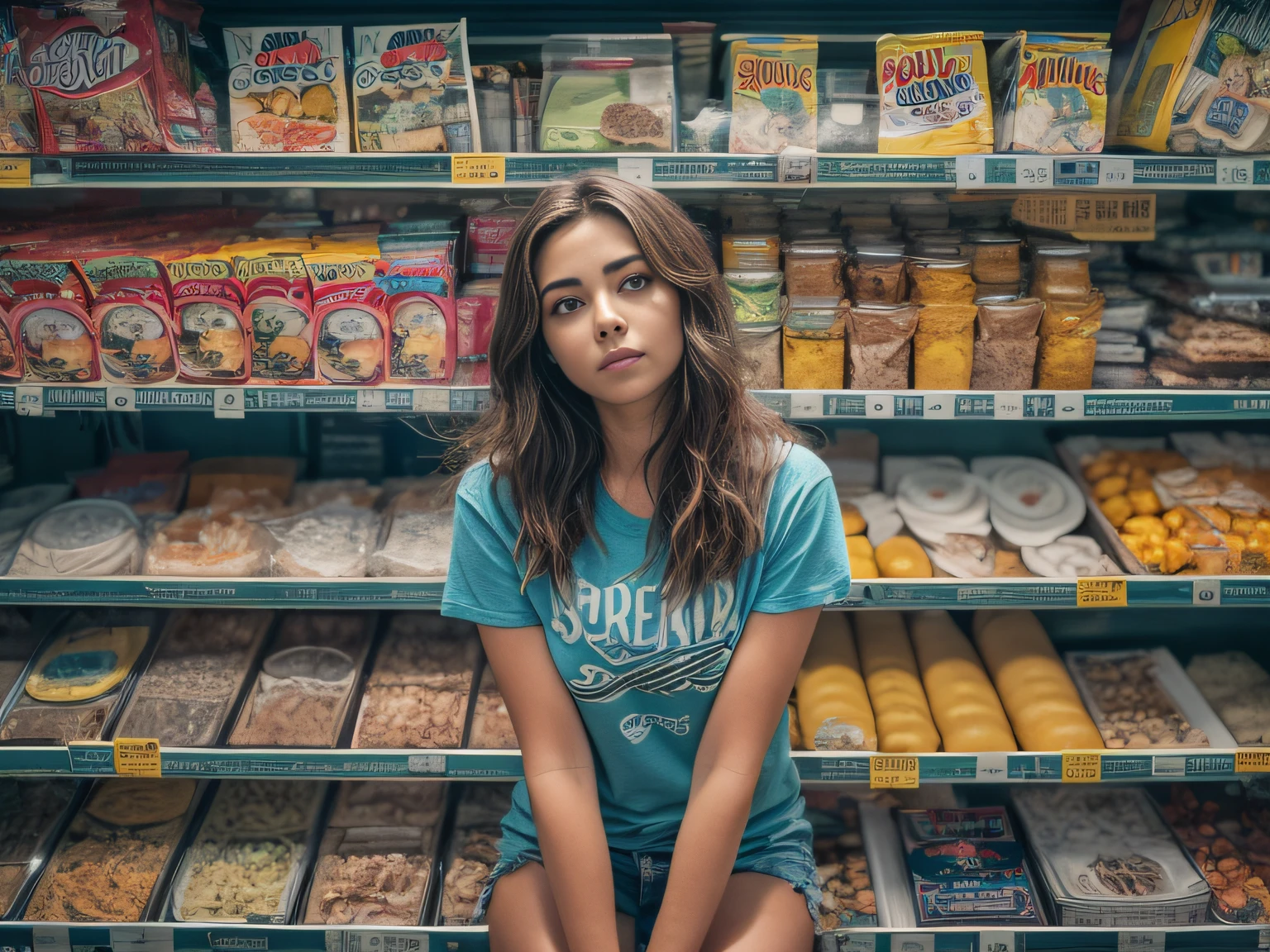 Ultra realista, obra prima, (realista: 4.8), Color Photographic Portrait by Professional Photographer of Beautiful Brazilian Woman, (standingn) (Fazendo no Supermercado fazendo compras), (olhando para as prateleiras do mercado), (cabelos castanhos cacheados), (olhos: castanhos em tons verdes e roxos, in very high definition, symmetrically following the angle of the face). ((Hidden hands and legs, indispensable)) (Girl in middle distance), Foto da frente, (Wearing a blue flowered t-shirt and jeans), menina 24 anos. Sharp and detailed photo, melhor qualidade, obra-prima, High camera angle, como se estivesse lendo um livro apoiado na mesa, (Fundo: Supermercado muito fora de foco). (rosto detalhado, olhos bonitos, maxilares grossos), (textura de pele realista: 8.0) (Blue floral t-shirt and jeans) (standingn) (sorrir: 5.0) (enquadramento tronco e rosto completos) (cabelos castanhos cacheados presos)