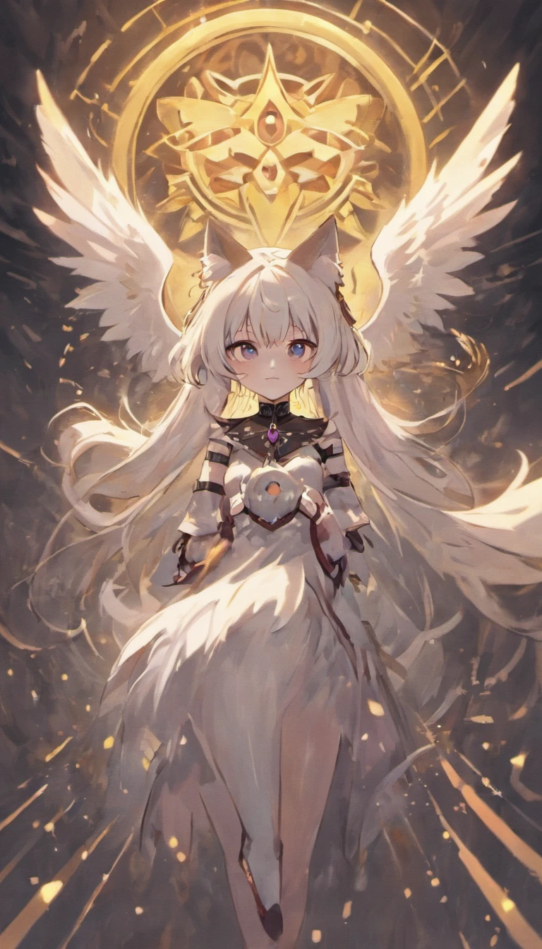 White cat lady,Only one black wing.,White on the outside and black ears on the inside,There is a black diamond halo on the right ear,Black claws,Wearing a black moon necklace,There are small chains on the tail,