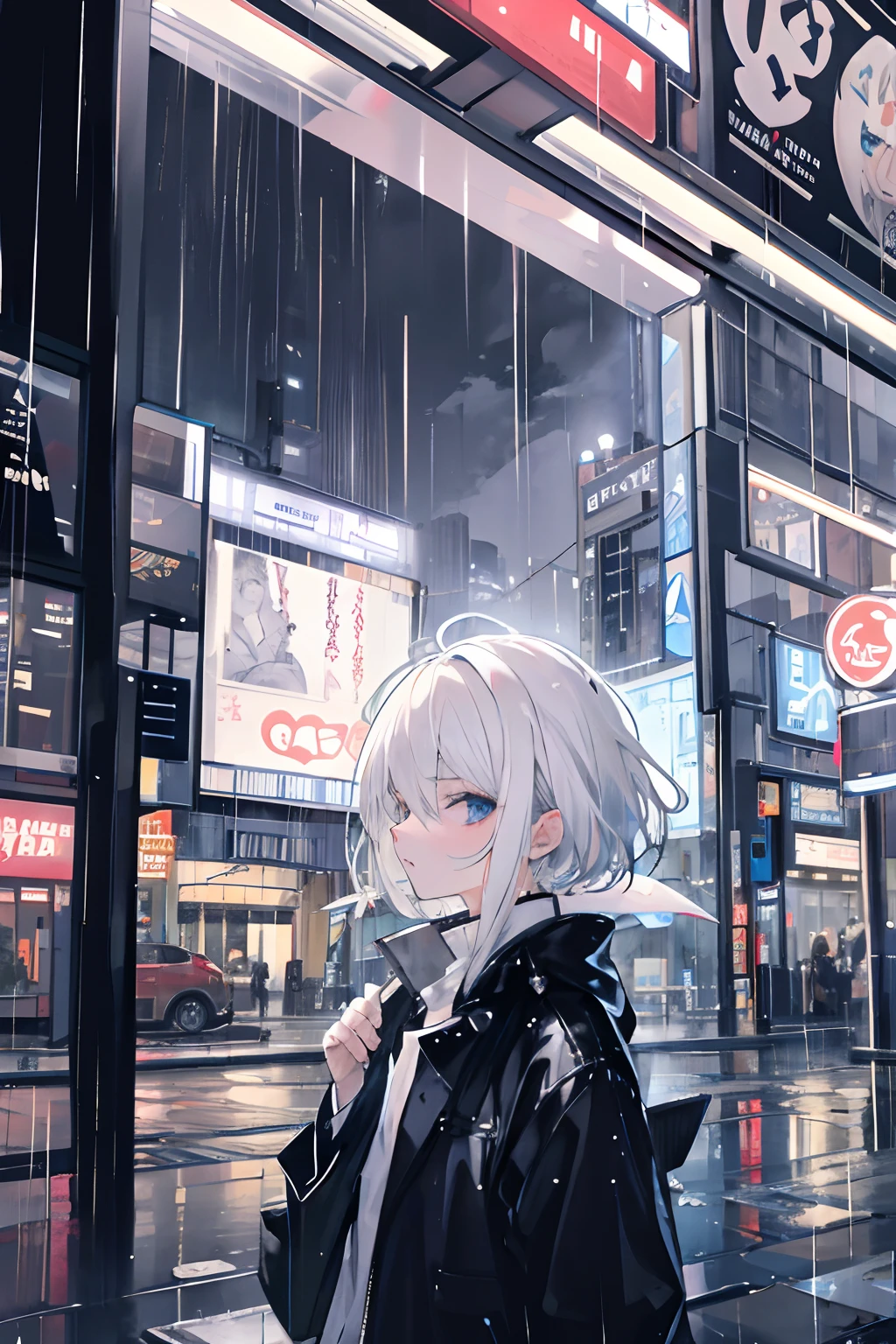White-haired boy Night city little bit of raining