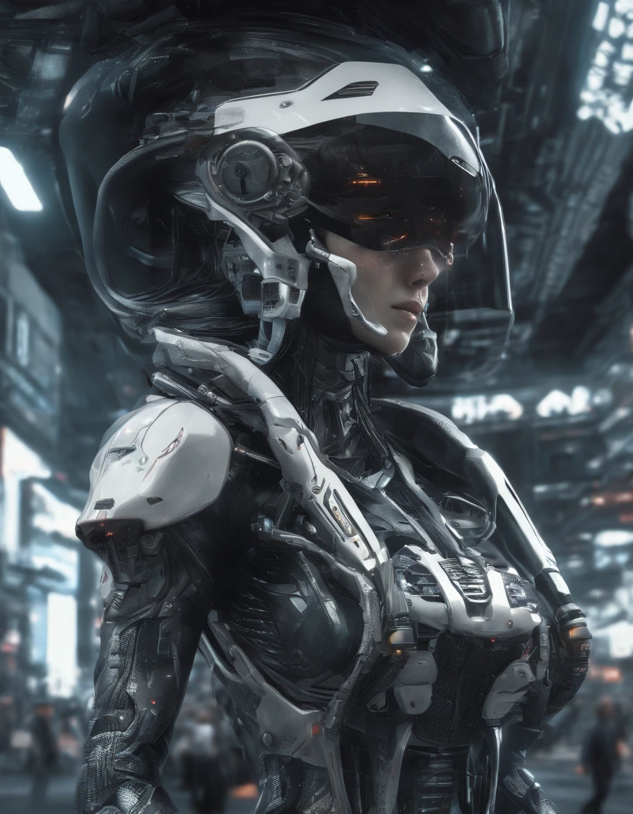 Highest image quality, outstanding details, ultra-high resolution, (fidelity: 1.4), the best illustration, favor details, highly condensed 1girl, with a delicate and beautiful face, dressed in black and white mecha, wearing a mecha helmet, holding a direction controller, riding on a motorcycle, the background is a high-tech lighting scene of the future city.