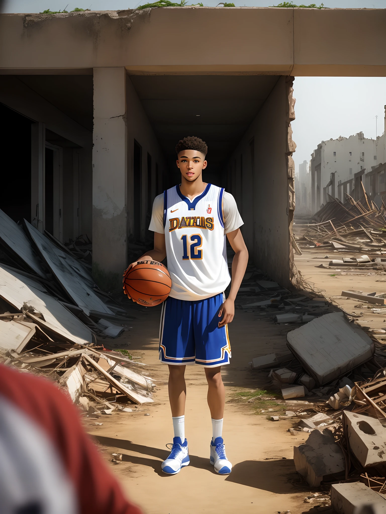 Um jovem. Basketball player amidst ruins in the. Cidade