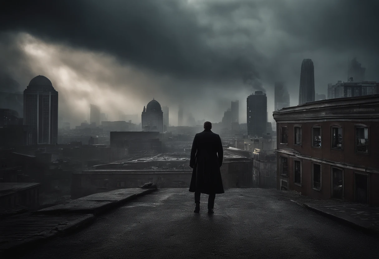 Create a cinematic scene for a movie poster that captures the intense moment when the hero confronts the main antagonist in a post-apocalyptic world, Set against a dramatic backdrop of a crumbling cityscape and stormy sky