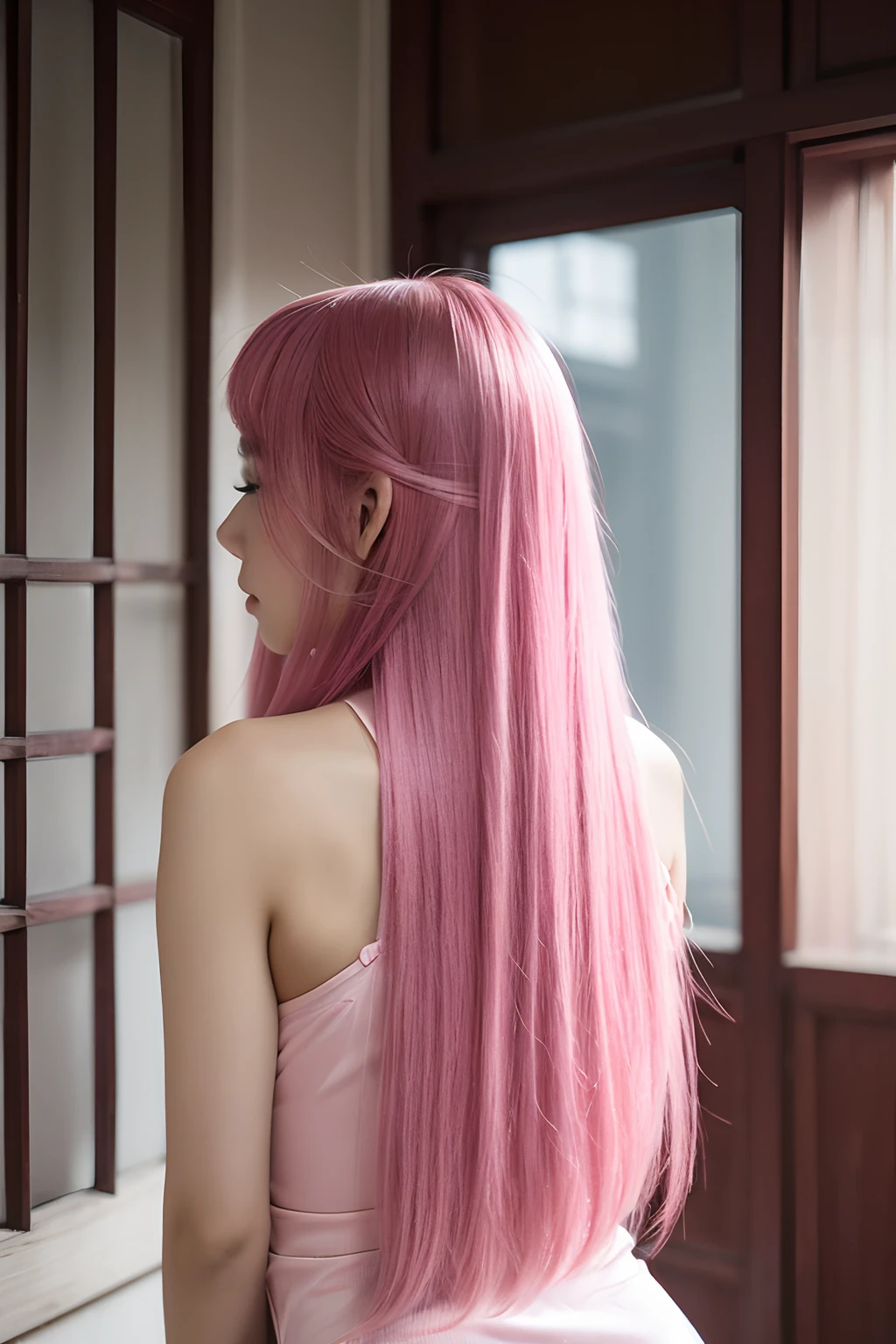 Asian pink-haired girl with her back turned, his head is turned so that his face cannot be seen, nice, long hair, 4k,realistyc, in home