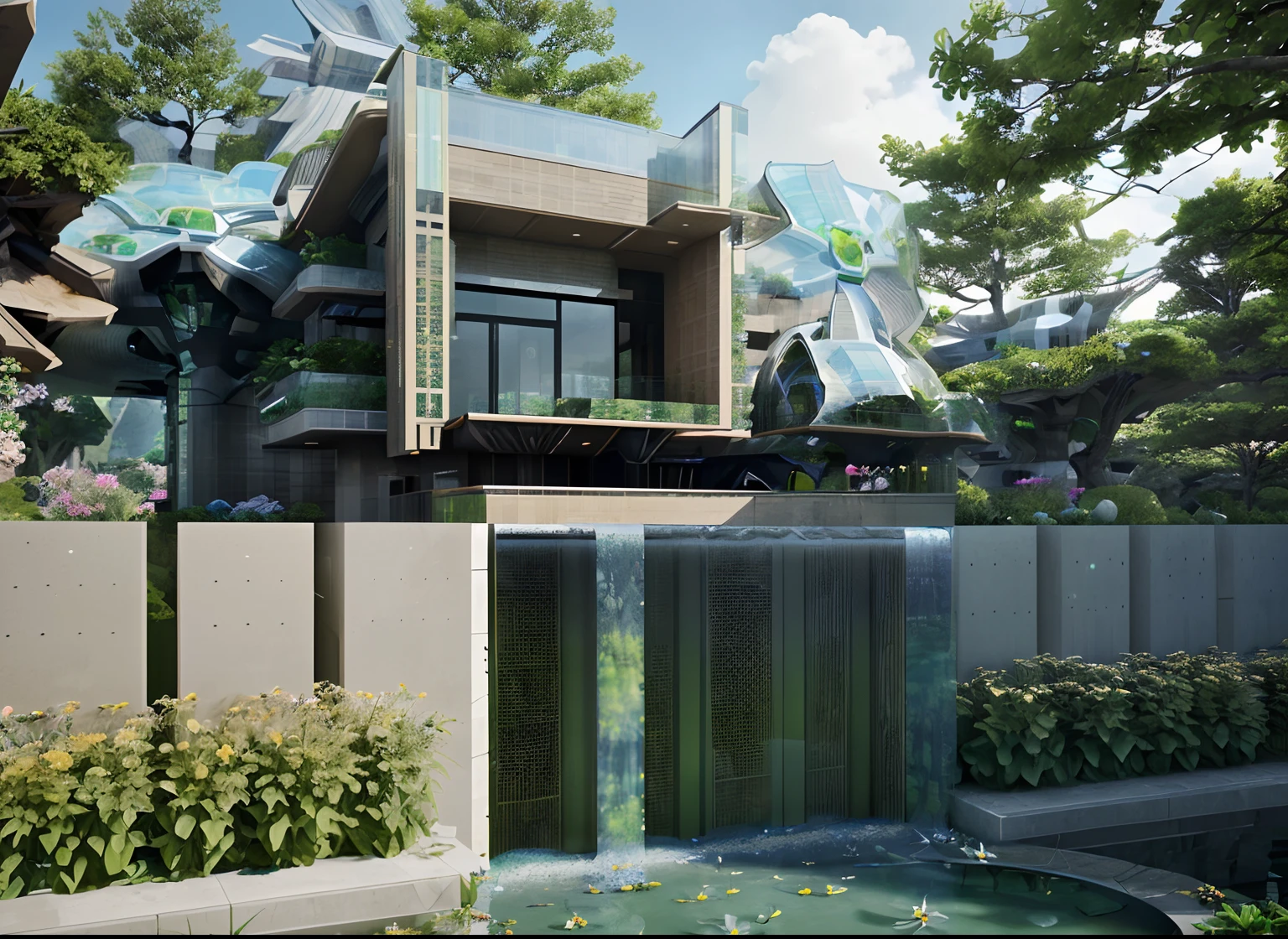 House, Science Fiction, modern futuristic design, futuristic, a artificial and a pond with colorful flowers in the middle, nature meets architecture, realistic beehive architecture, organic architecture, Reality very close to real nature, breathtaking render, forest, advanced civilization technology,stunning architecture, luxury architecture, realistic fantasy render, by Zha Shibiao, epic and stunning, architectural visualization, epic architecture, concept art,