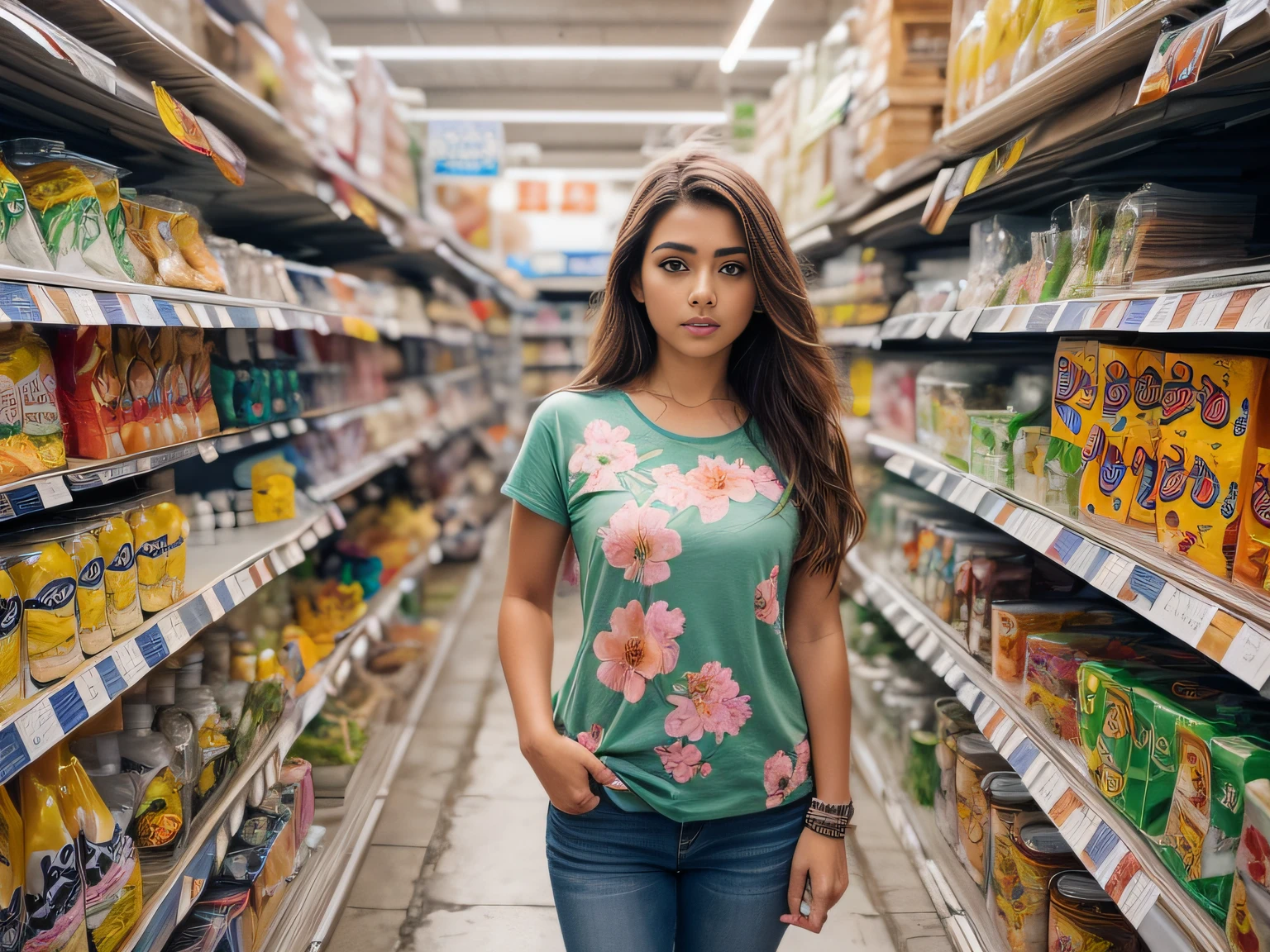 Ultra realista, obra prima, (realista: 4.8), Color Photographic Portrait by Professional Photographer of Beautiful Brazilian Woman, (standingn) (Fazendo no Supermercado fazendo compras), (olhando para as prateleiras do mercado), (cabelos castanhos cacheados), (olhos: castanhos em tons verdes e roxos, in very high definition, symmetrically following the angle of the face). ((Hidden hands and legs, indispensable)) (Girl in middle distance), Foto da frente, (Wearing a blue flowered t-shirt and jeans), menina 24 anos. Sharp and detailed photo, melhor qualidade, obra-prima, High camera angle, como se estivesse lendo um livro apoiado na mesa, (Fundo: Supermercado muito fora de foco). (rosto detalhado, olhos bonitos, maxilares grossos), (textura de pele realista: 8.0) (Blue floral t-shirt and jeans) (standingn) (sorrindo) (enquadramento tronco e rosto completos) (cabelos castanhos cacheados presos)