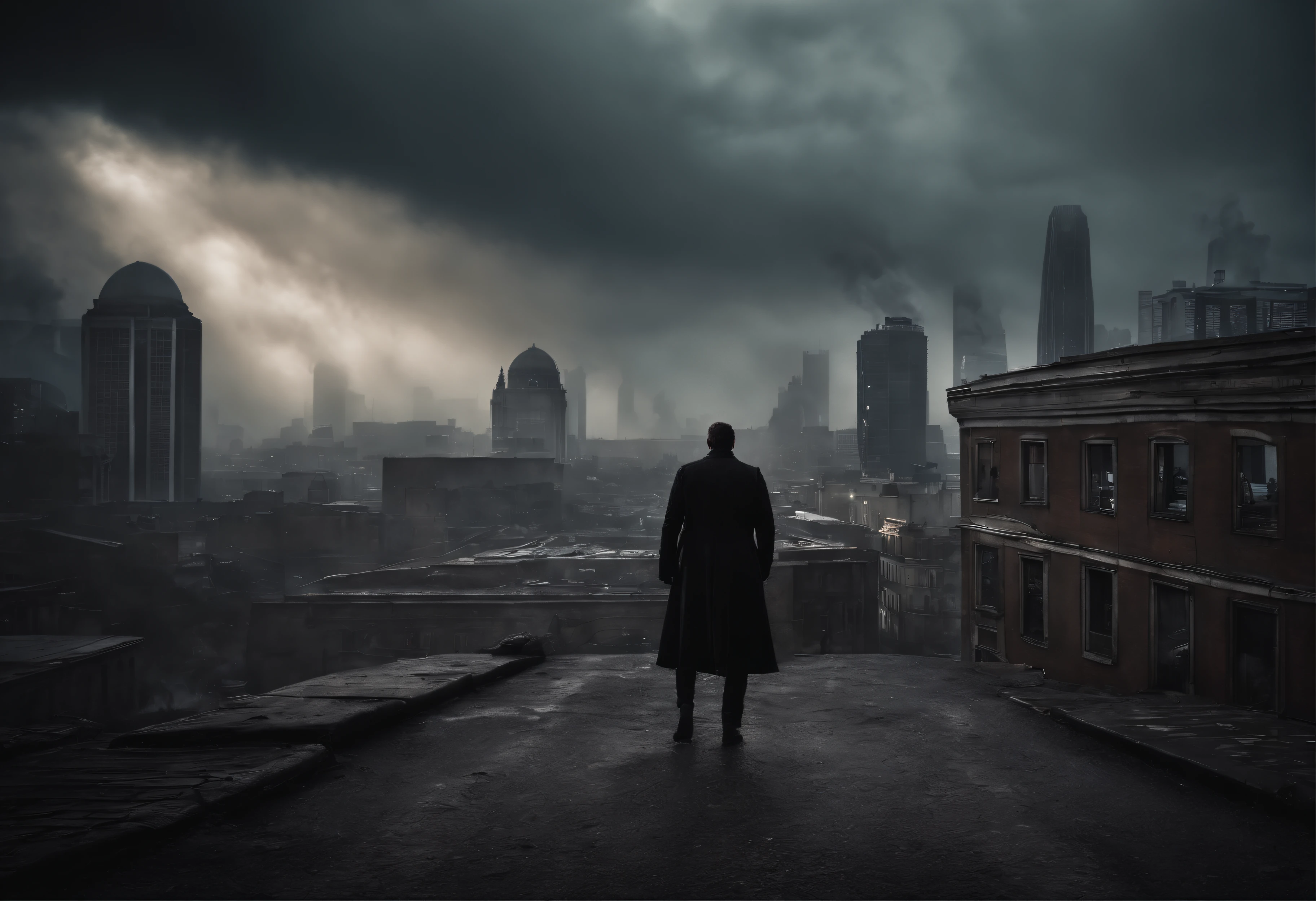 Create a cinematic scene for a movie poster that captures the intense moment when the hero confronts the main antagonist in a post-apocalyptic world, Set against a dramatic backdrop of a crumbling cityscape and stormy sky