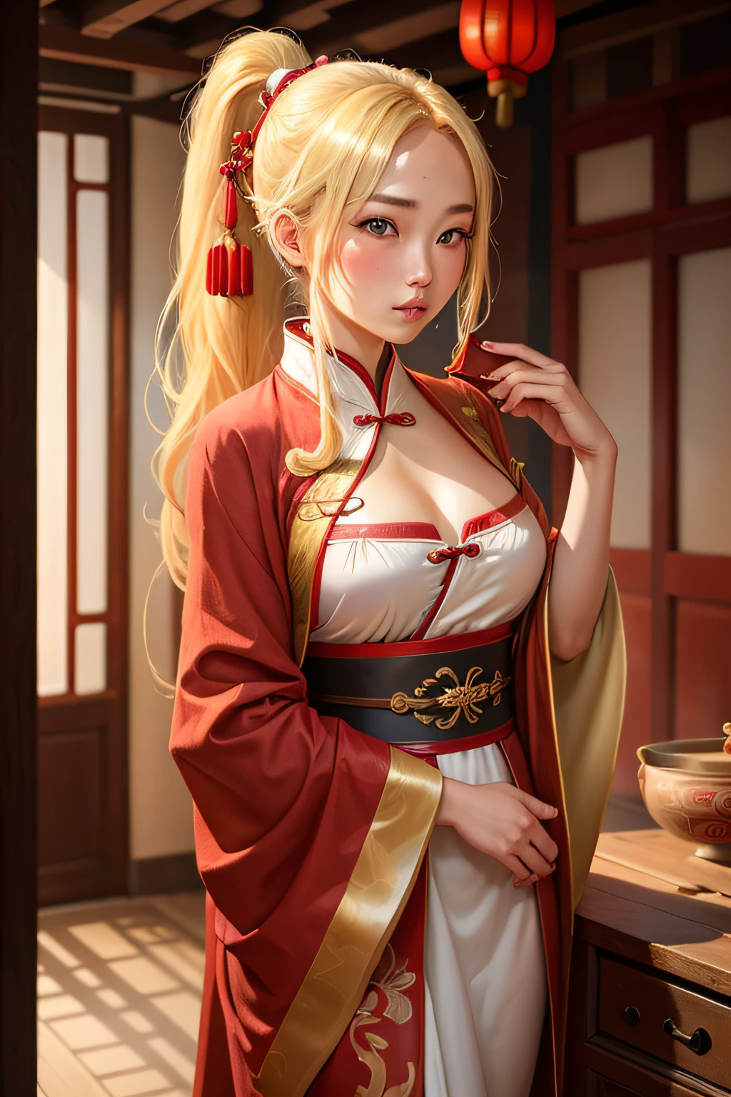 1 girl, blonde woman, ancient China, Red Long Robe, Two ponytails and loose hair