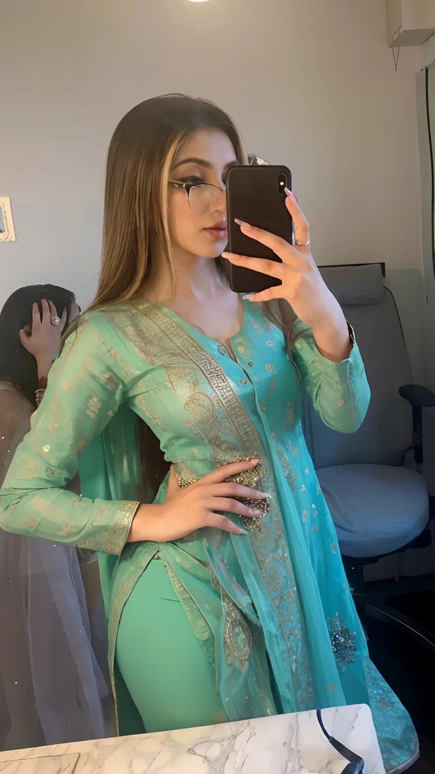 Change her outfit into tight red salwar kameez.