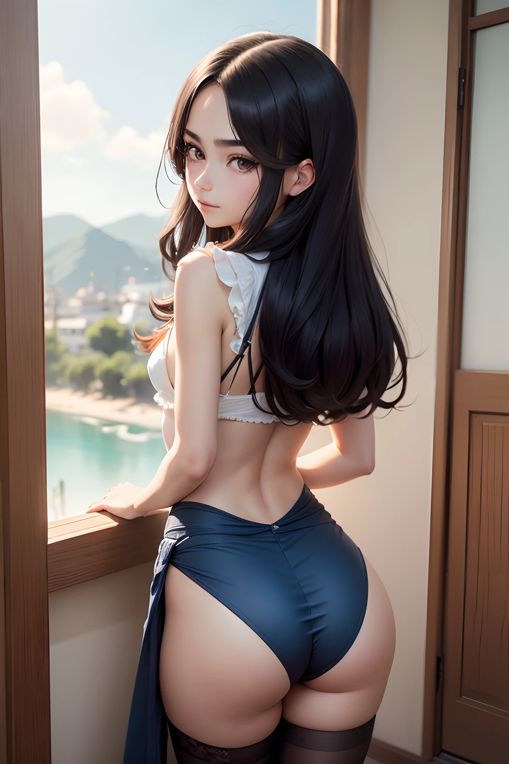 18 year old beautiful girl, ojos grandes, senos grandes, delgada, Small, 8k, calidad superior, (Cabeza muy detallada: 1.0), (cara muy detallada: 1.0), (cabello muy DetallaDo: 1.0), Arte oficial muy detallado, Estilo de arte Anime Moe, Arte de anime limpio y detallado, They are smiling, cabello negro, cabello largo y liso, pecho desnudo, Ushiwakamaru, Ruso, caderas grandes, perfecto, small waist, vista de espaldas, small ass, Ropa escolar
