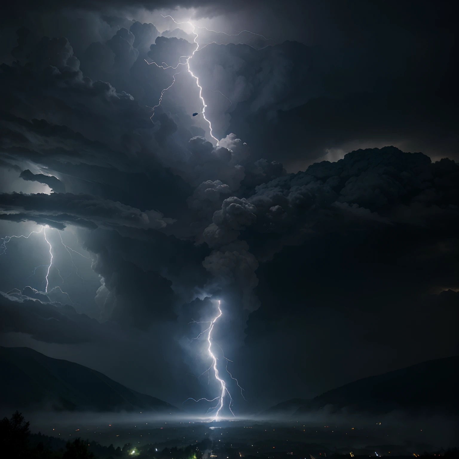 realism, 4k, detailded, 2 entities that clash, Sky full of lightning and blue thunderstorm, sol noir et vert arbre et montagne, Energy explosion, Epic combat