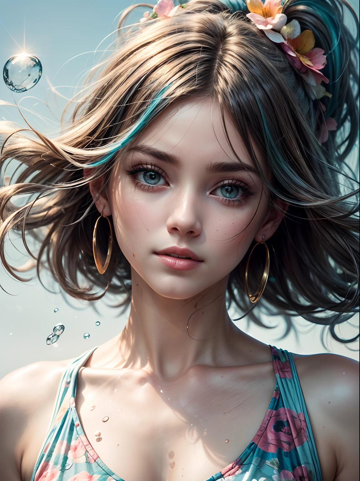 (best quality, highres, masterpiece:1.2), ultra-detailed, realistic, finely detailed girl, beautiful detailed eyes, beautiful detailed lips, long eyelashes, amid_e7, small breasts, swimsuit, beach, wet, ocean, navel, sky, collarbone