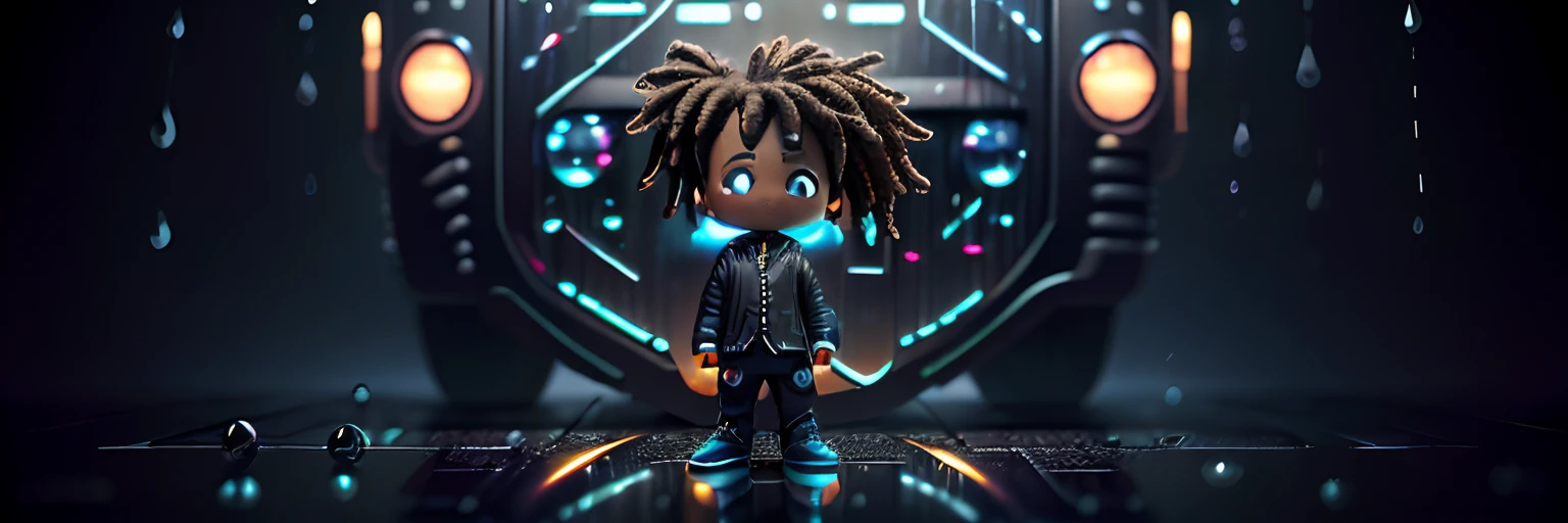 3d rendering, ip, cyberpunk style, cute  Black boy with black suit, holding a microphone, long dreadlocks packed to back, rain puddle with a reflection with eyes, simple background, best quality, c4d, blender, 3D MODEL, TOYS, STREET STYLE, HIGH RESOLUTION, PIXAR, BIG SHOES, FASHION TRENDS, ART