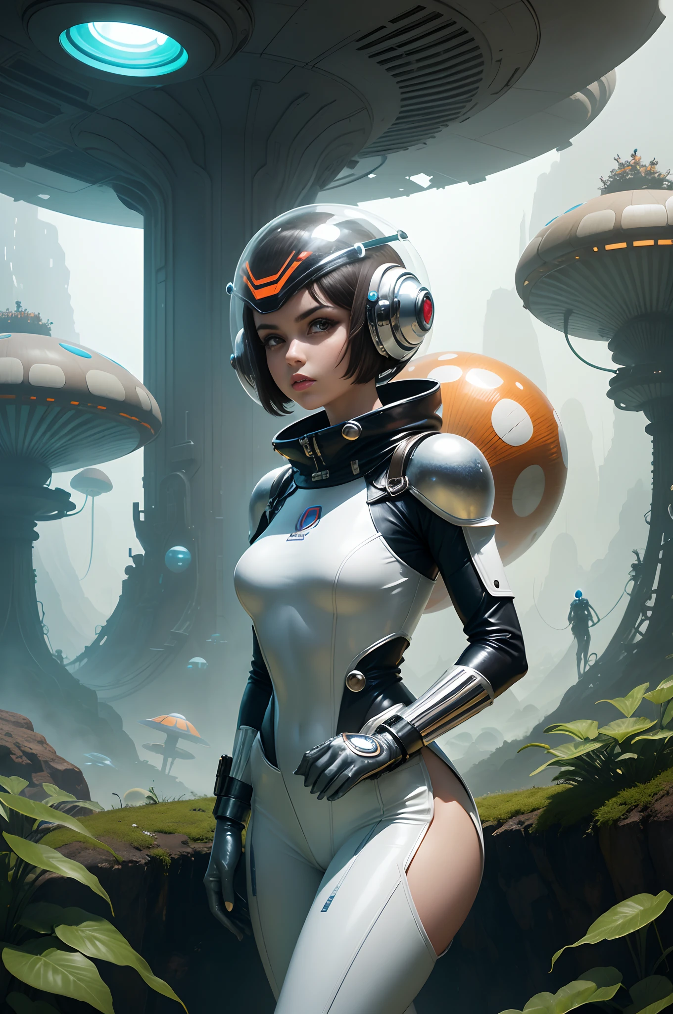 A cute woman (jet boots, jet pack, space adventurer bikini, laser pistol, future hairdo), is exploring an alien world covered in mushrooms and tiny goblin like creaures
