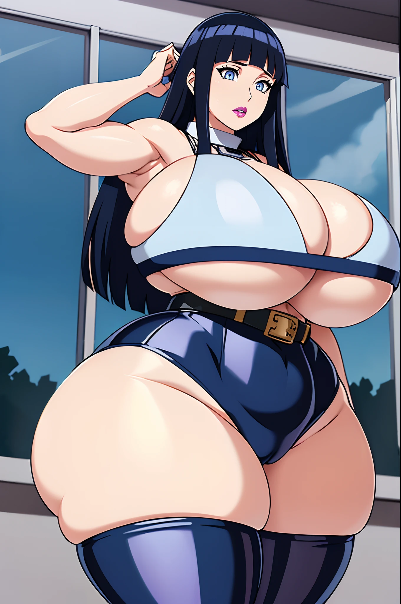 Hinata Hyuuga, 1girl, ((bimbo))), long blue hair, blue eyes, puffy lips, painted lips, thick lips, wide hips, thick thighs, ((((huge natural breast)))), huge ass, suprised face, oily shiny skin, black latex top, underboob, belts, goth, posing, close up