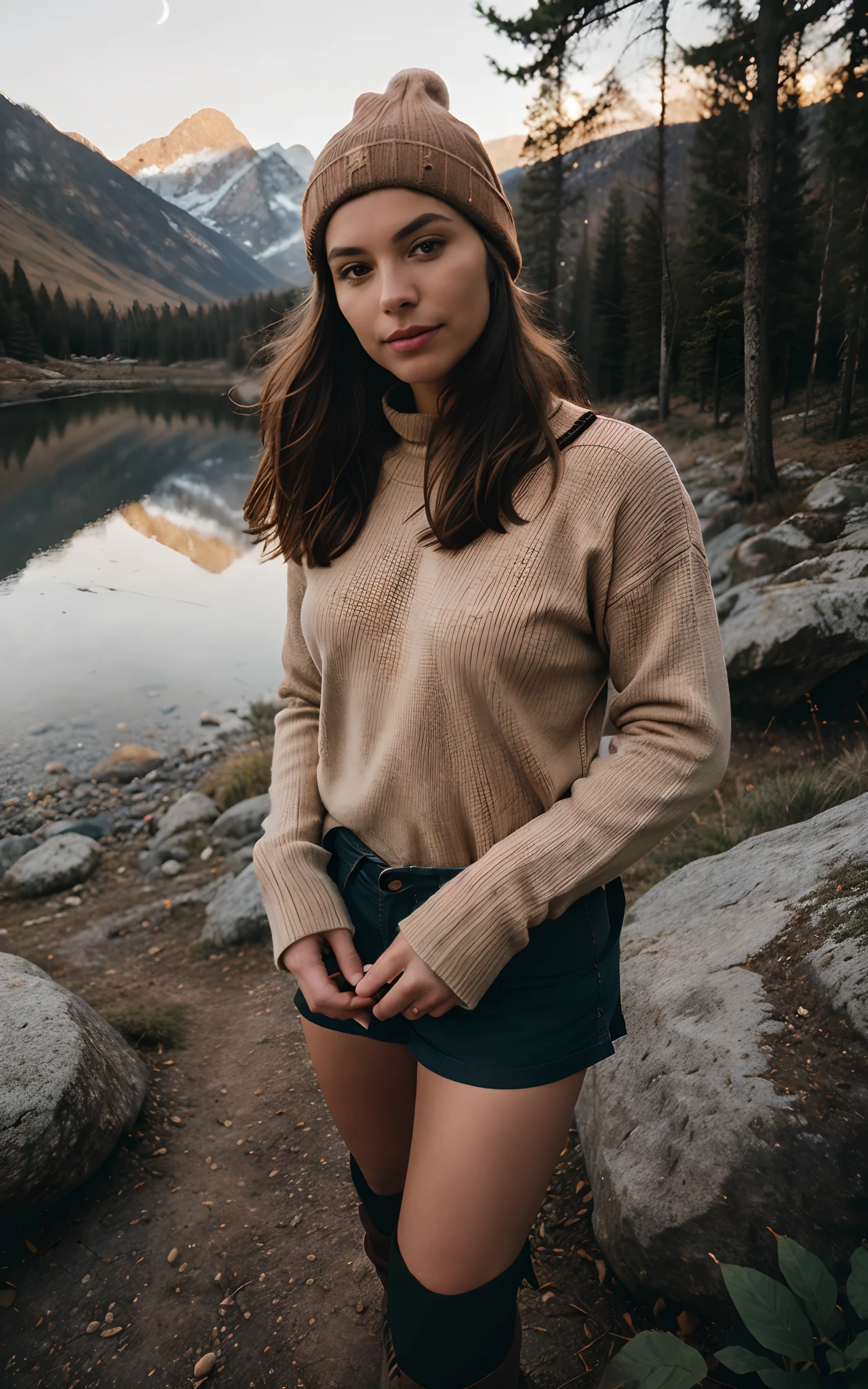 1 woman ((upper body selfie, happy)), masterpiece, best quality, ultra-detailed, solo, outdoors, (night), mountains, nature, (stars, moon) cheerful, happy, backpack, sleeping bag, camping stove, water bottle, mountain boots, gloves, sweater, hat, flashlight, forest, rocks, river, wood, smoke, shadows, contrast, clear sky, analog style (look at viewer:1.2) (skin texture) (film grain:1.3), (warm hue, warm tone:1.2), close up, cinematic light, sidelighting, ultra high res, best shadow, RAW, upper body, wearing pullover