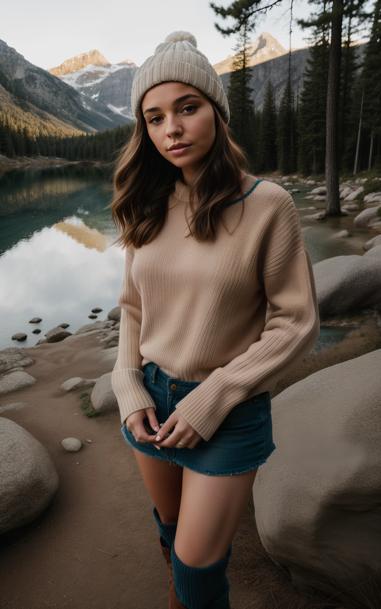 A woman in a hat and sweater stands by the lake, portrait sophie mudd, Victoria Siemer, Girl walking along the canyon, bottom angle, Short, sturdy woman, mid shot portrait, Standing in front of the mountain, detailed portrait shot, in front of a forest background, Low perspective, wearing a sweater, front portrait, A girl, standing on a mountain