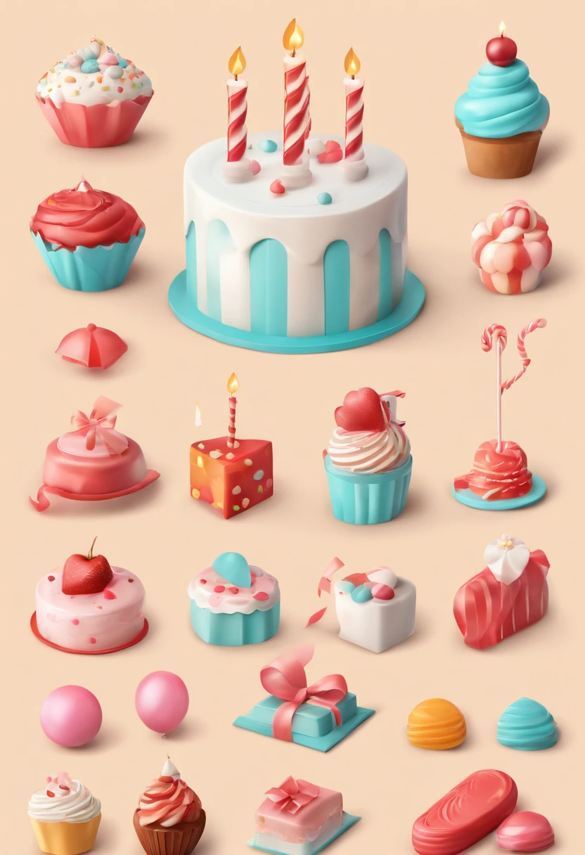 A 3D vector set of birthday icons in the style of Atea Ghailan., Combine realistic and amazing elements., Candy Core, realistic and highly detailed rendering, Low Poly, The light palette is muted., Watercolor split on white