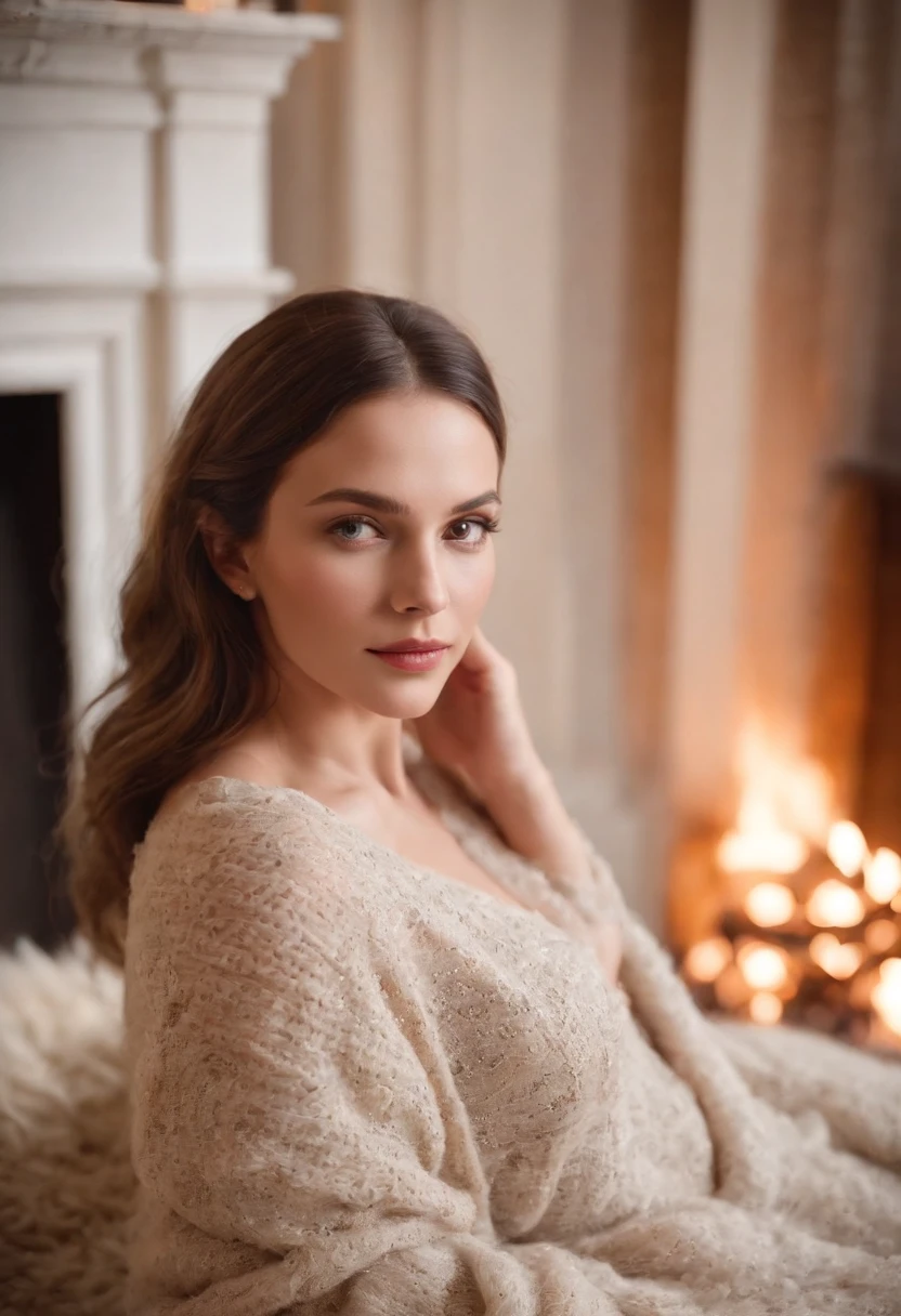 NSFW - 3/4 length, soft, warm photograph of beautiful woman in boudoir photo session, posing on a rug in front of cozy fireplace.