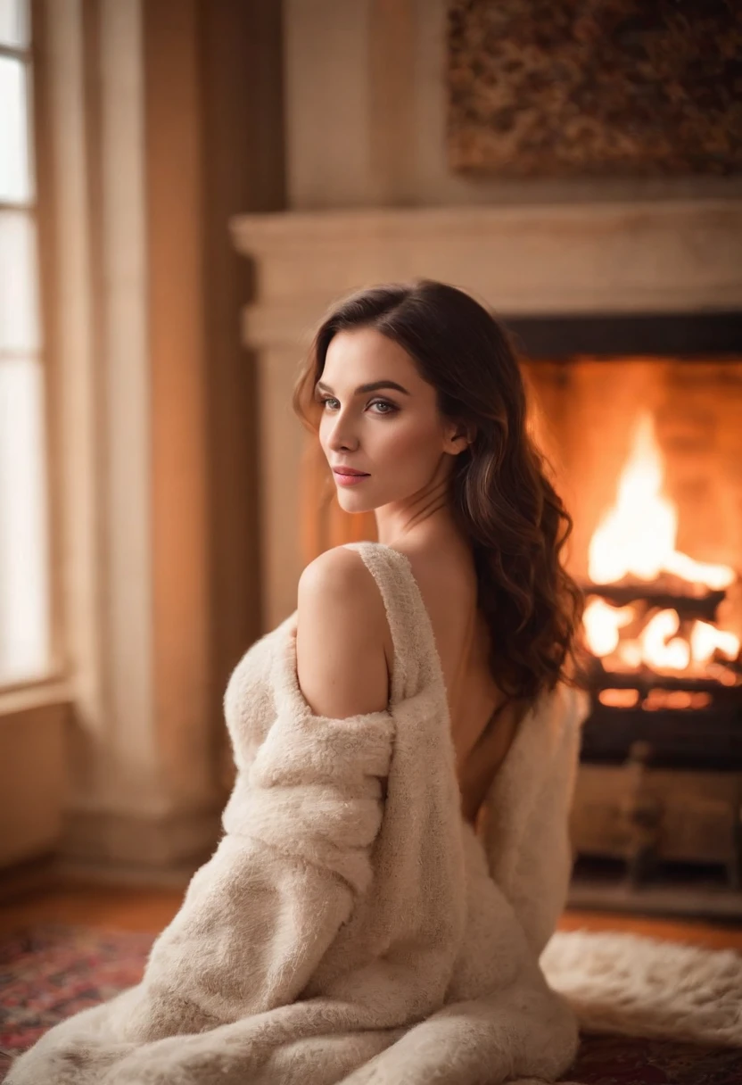 NSFW - 3/4 length, soft, warm photograph of beautiful woman in boudoir photo session, posing on a rug in front of cozy fireplace.