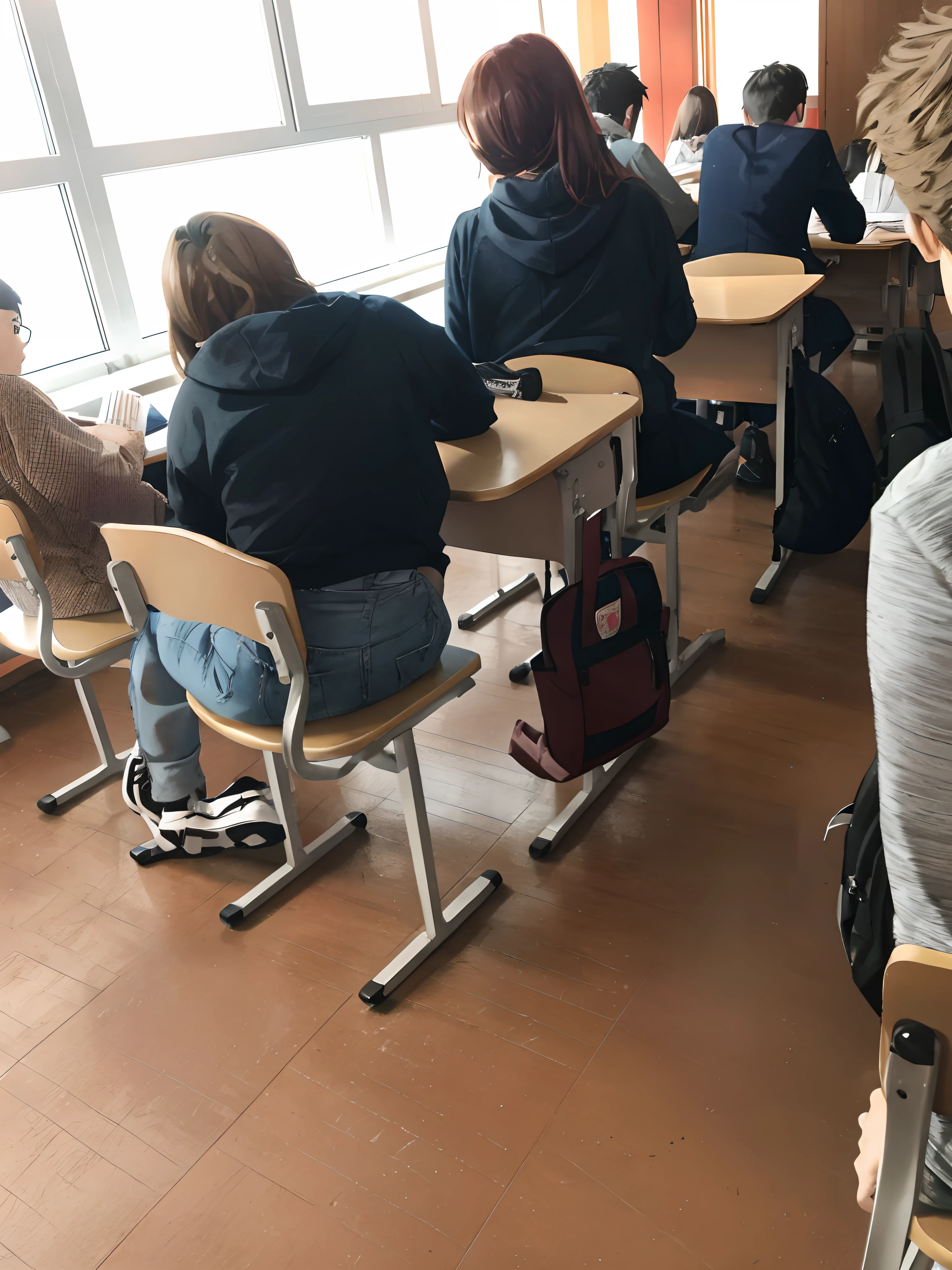 Students sitting at desks in classroom with laptop, sitting in the classroom, in class, standing in class, in the school classroom, Typical anime class, sat at his desk, Perched at Desk, Some people sit, people, Sitting at the tables, Classroom in the background, Student, sitting on top a table, casually sitting down, sitting at a table