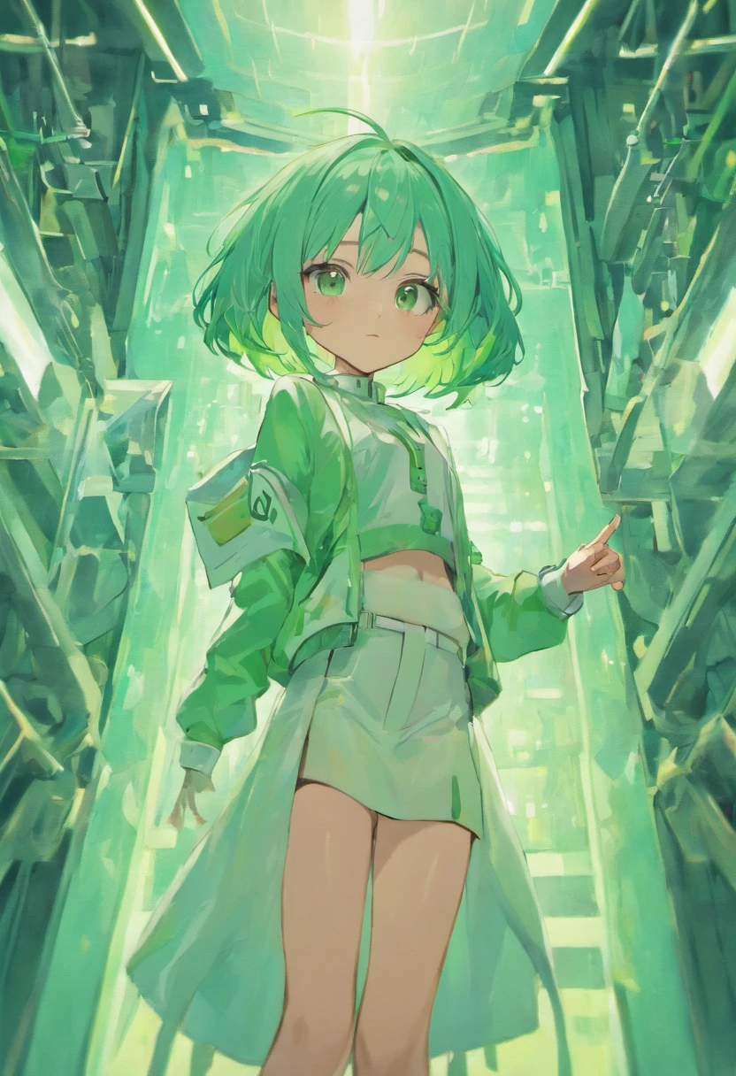 bobcut, mint hair, pov, color: white/green, face retouch, skin-chrome, detailed, cyber-augmented, artistic, scientist, hypnotist, sexy, full body, hypnotist, model, athletic  trainer, older