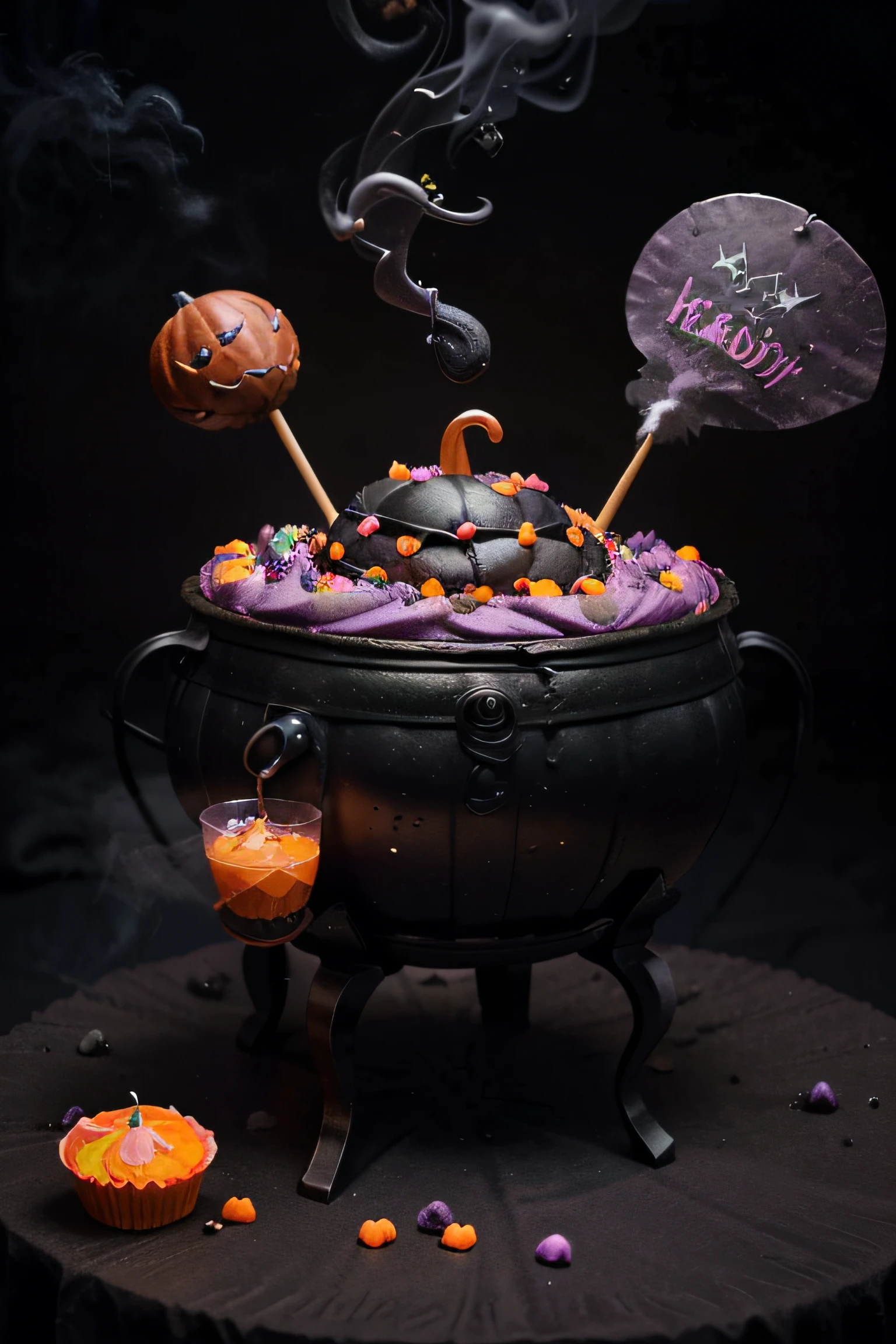 Create an image with a black witch's cauldron with smoke coming out of it, Placed on a table with decorations in purple and orange. Place Halloween cupcakes inside the cauldron, with green and orange icing and garnishes like sugar spiders and gummy worms. Also add Halloween candy, like pumpkin lollipops and themed chocolates.