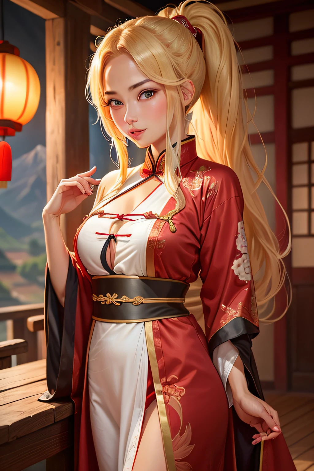 1 girl, blonde woman, ancient China, Red Long Robe, Two ponytails and loose hair