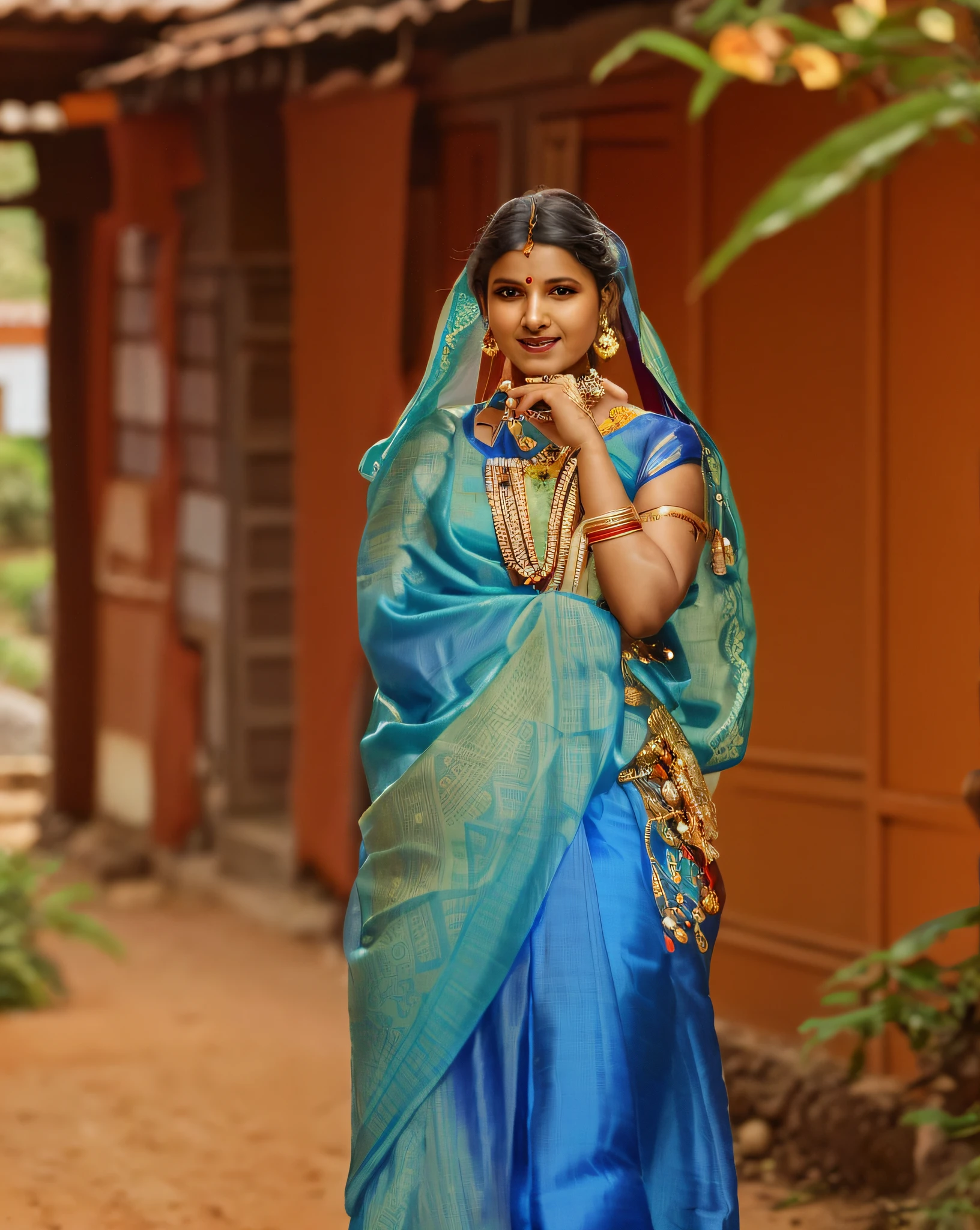 arafed woman in a blue sari walking down a dirt road, traditional beauty, dressed in a sari, indian, wearing traditional garb, traditional clothing, wearing a sari, traditional clothes, wearing an elegant tribal outfit, indian girl with brown skin, gorgeous lady, gorgeous woman, traditional dress, 7 0 mm portrait, traditional costume, india, traditional, wearing sari