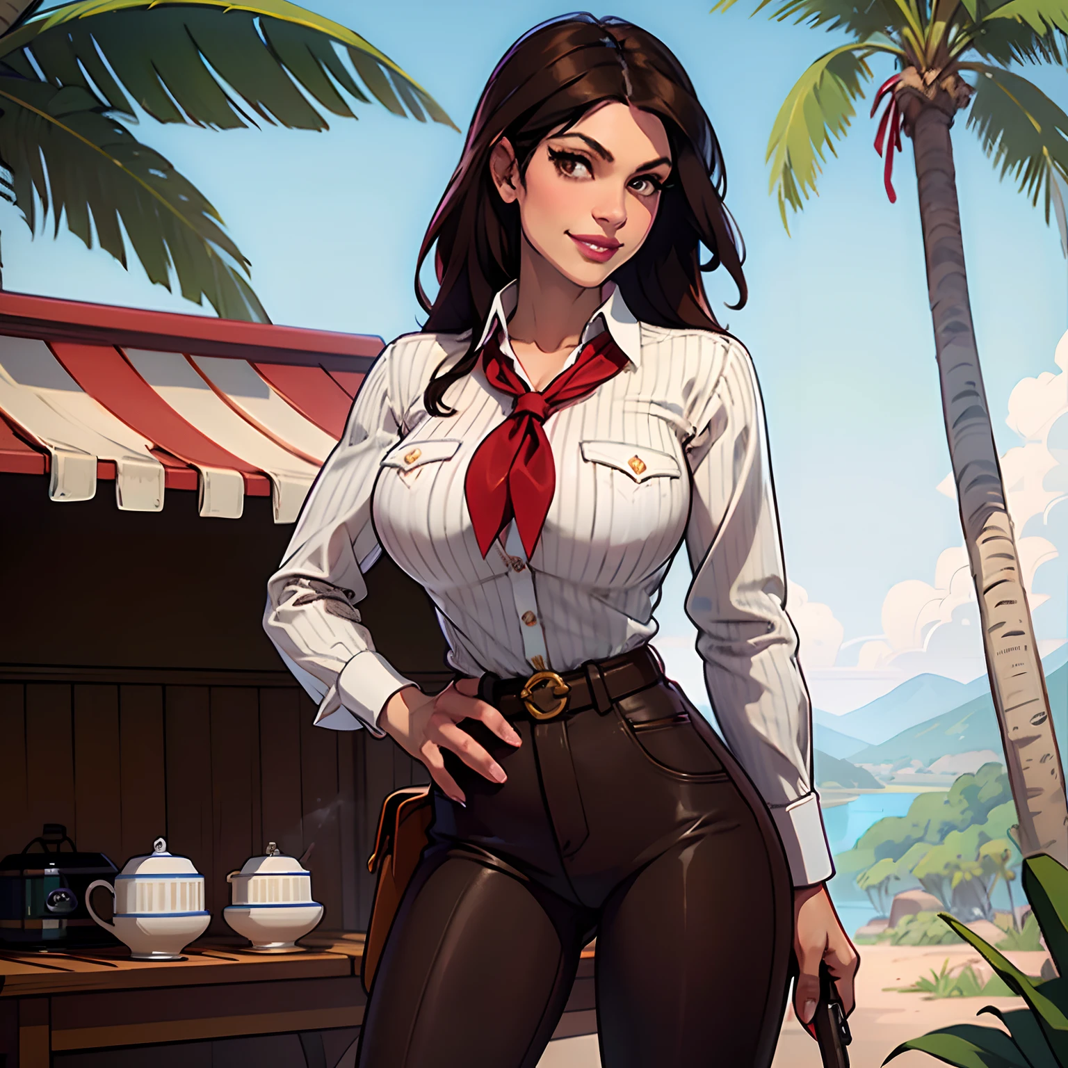 Denise Milani, Dark skin, brown hair, long hair,  red neckerchief, Denise Milani body type, beautiful, smile, Amazon River explorer from the 1920s, gun holster on hip, white pinstripe button up shirt, shirt unbuttoned, shirt tucked into brown pants, Brazilian market, outside, chatting with viewer, holding ore