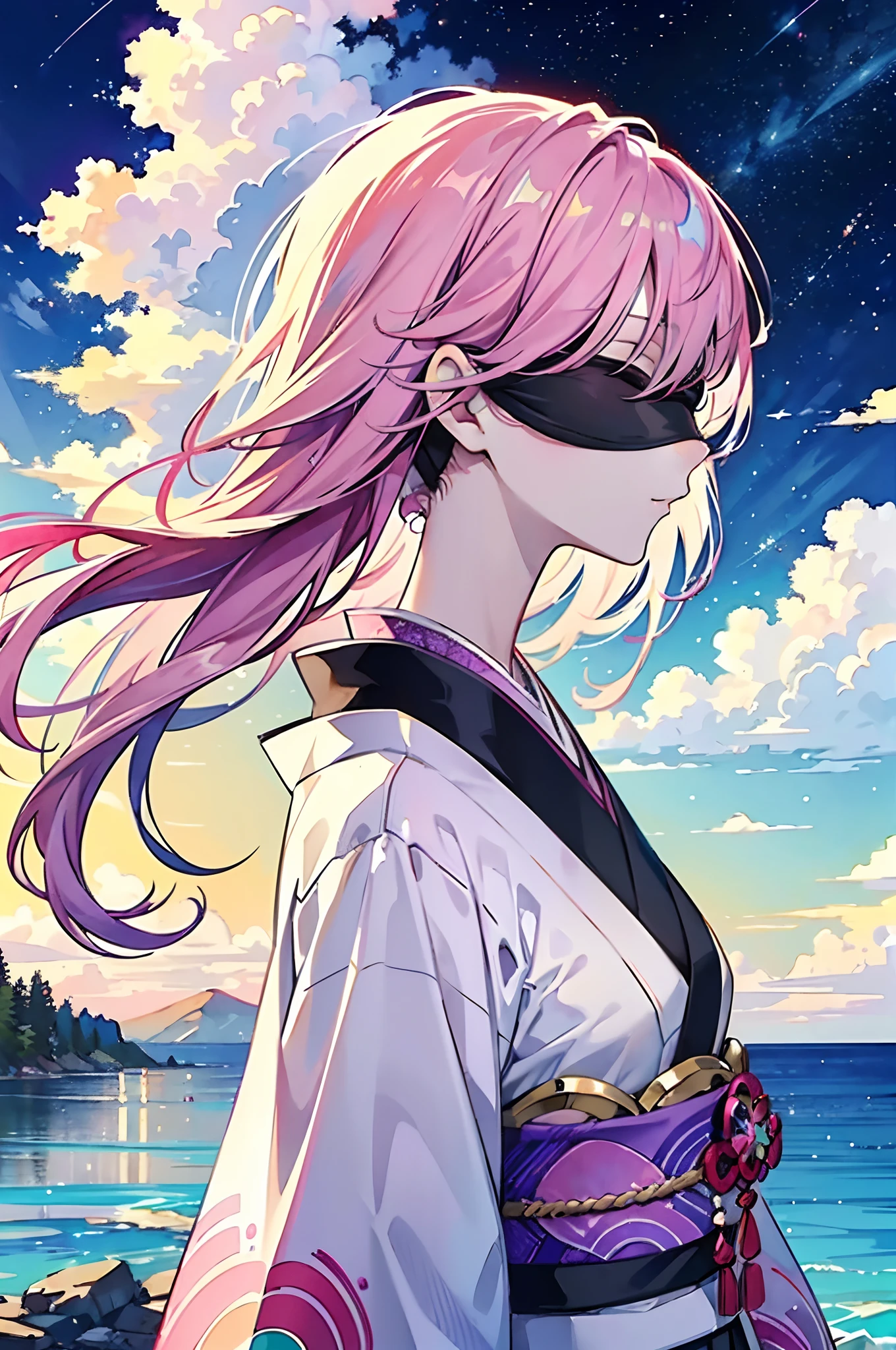 (Masterpiece, Top Quality, Best Quality, Watercolor (Medium), Official Art, Beautiful and Aesthetic: 1.2), (1 Girl: 1.3), (Fractal Art: 1.3), (+ Blindfold), Upper Body, From the Side, Attractive Profile Picture, Concept Art, Beautiful and Cool Woman, Japan People, Wearing a Kimono, Pattern, (iridescent hair, Colorful hair, half purple and half pink hair: 1.2), Heterochromia, Water, liquid, cloud, colorful, starry, starry, star,