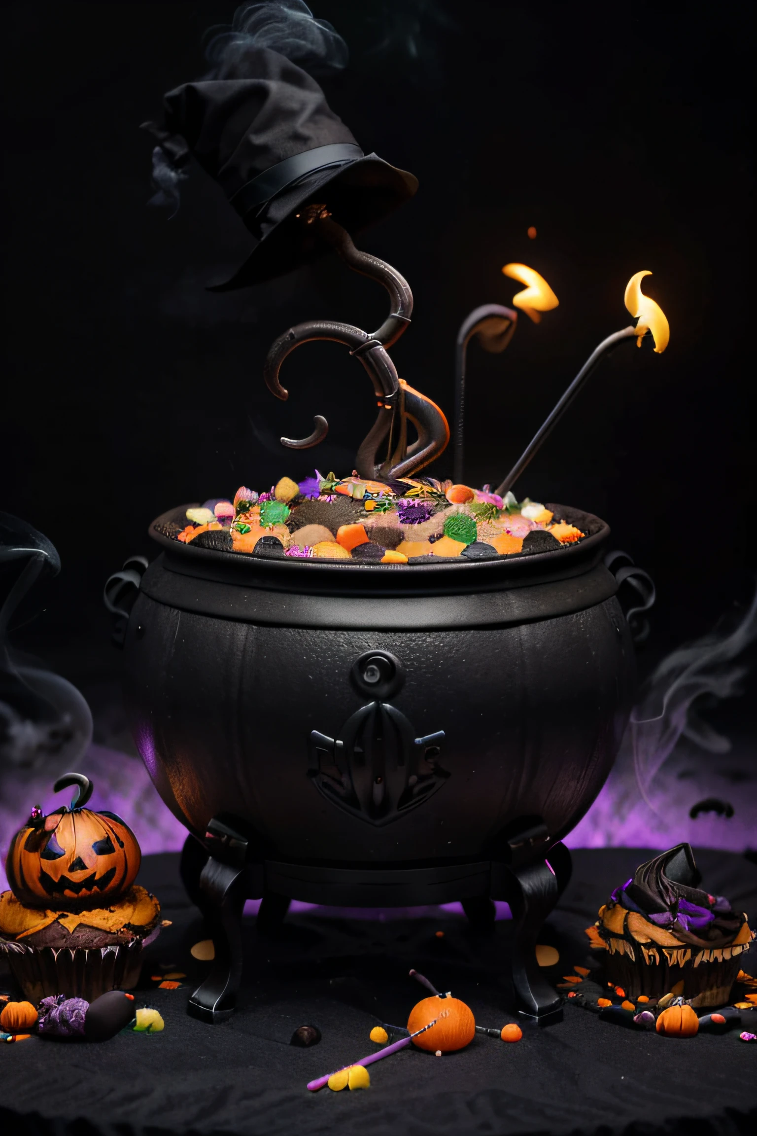 Create an image with a black witch's cauldron with smoke coming out of it, Placed on a table with decorations in purple and orange. Place Halloween cupcakes inside the cauldron, with green and orange icing and garnishes like sugar spiders and gummy worms. Also add Halloween candy, like pumpkin lollipops and themed chocolates.