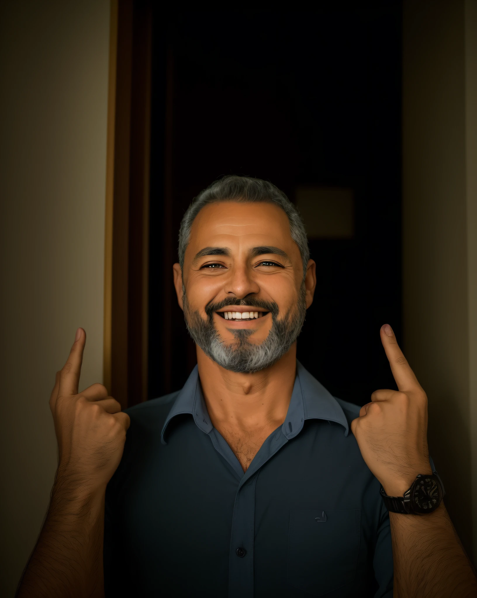 homem sorridente anime, foto de um homem, Homem na casa dos 30 anos, by Antonio Parreiras, by João Artur da Silva, Homem na casa dos 40 anos, com barba e camisa preta, uma foto de um homem, foto de perfil profissional, anime pixar disney