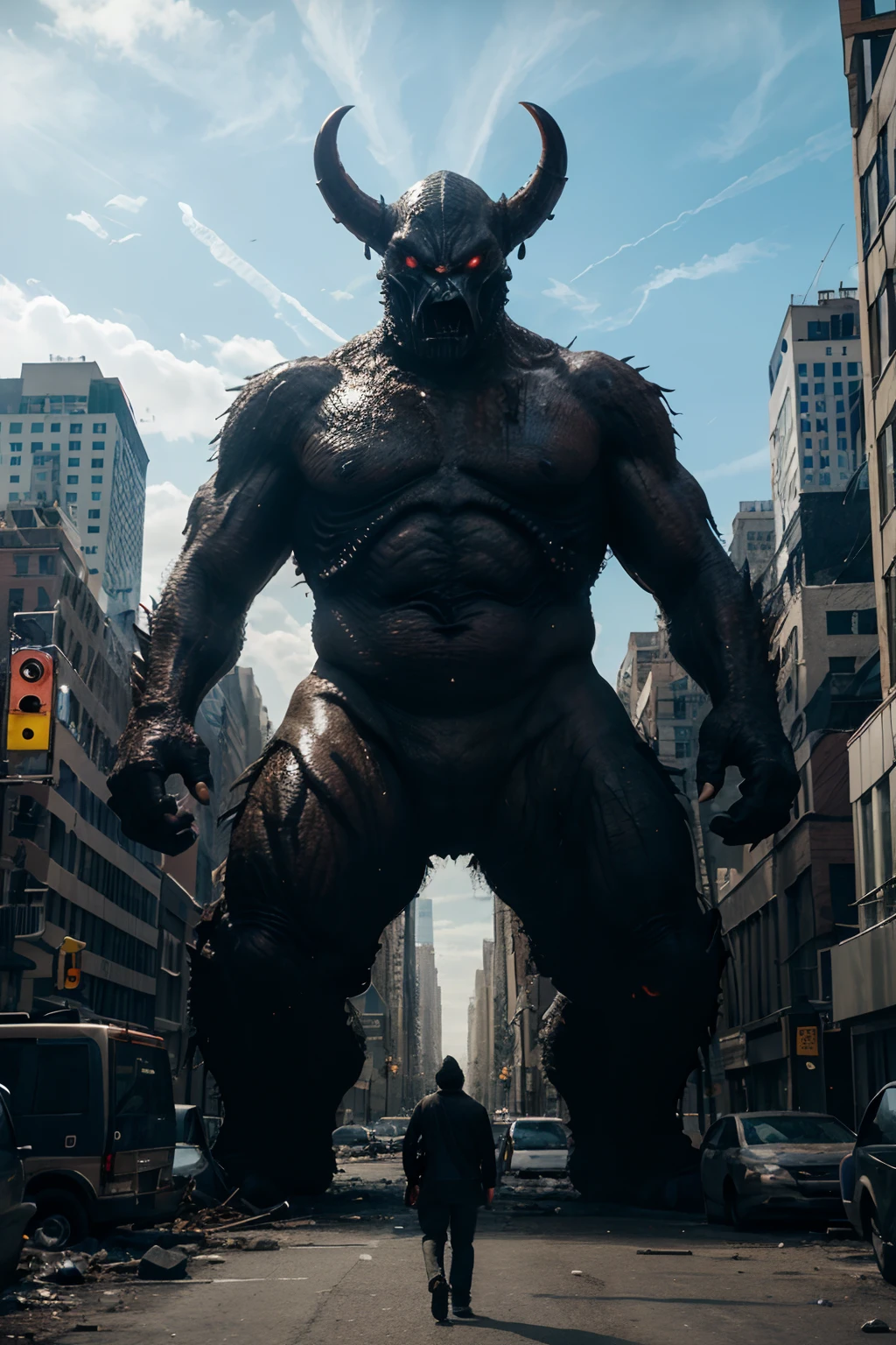 A giant alien monster in a destroyed city with a man walking in the background, kaiju towering above new york, giant kaiju monster, an giant evil monster, looming creature with a long, cg art, monster, hyper realistic fantasy monster, alien monster in rage on street, kaiju, monster destroying new york, huge creature