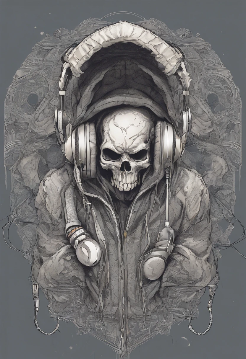 (((Intricate details))), (((highest quality))), (((extreme detail quality))), (((complex composition))), depict a skull wearing a hoodie and headphones. Focus on intricate stitching and fabric texture of the hoodie, creating a realistic portrayal. Use a monochrome color scheme, such as shades of gray or black, to emphasize the hoodie's material. For the headphones, incorporate fine details in the padding and wires, ensuring a lifelike appearance. Capture the balance between the edgy skull imagery and the modern, urban elements of the hoodie and headphones., cinematic, photo