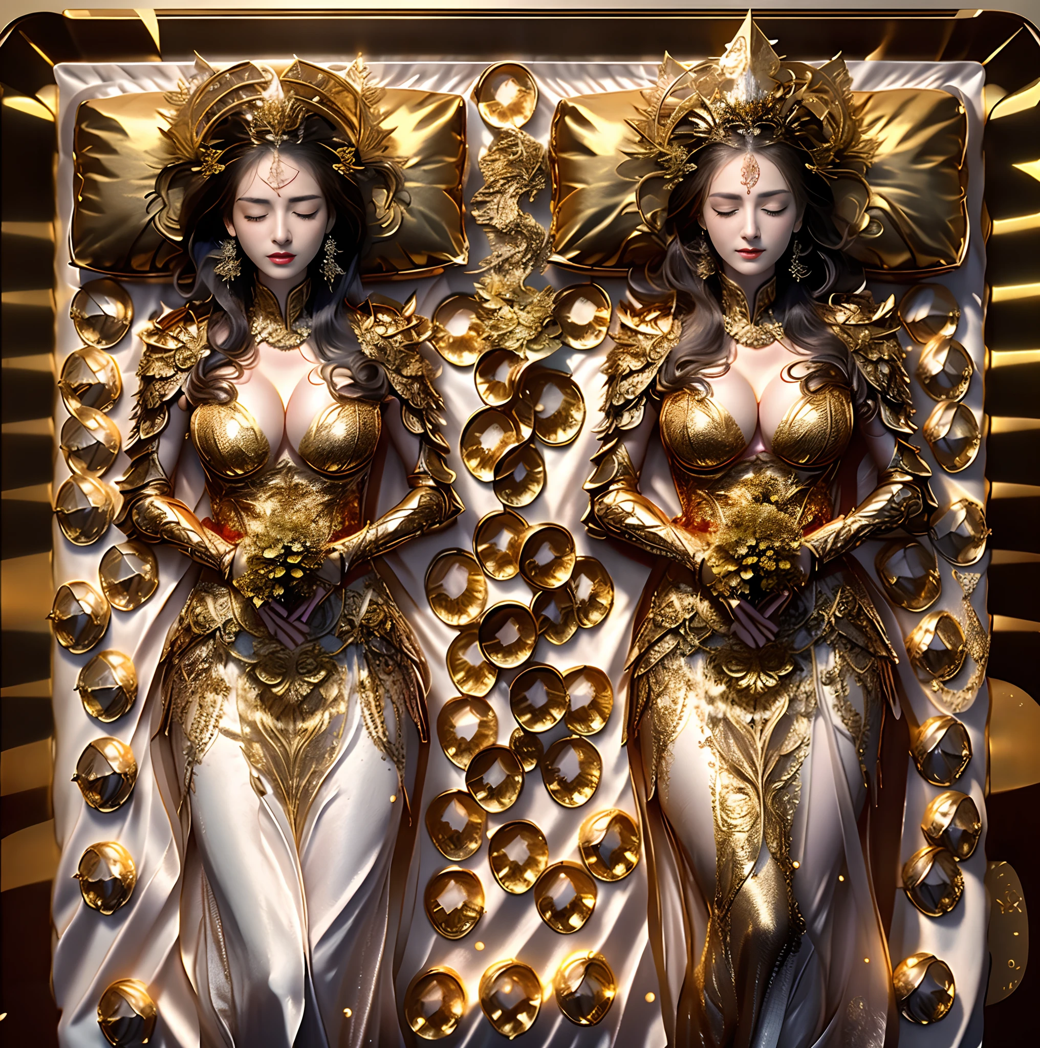 masterpiece, (photorealistic:1.4), 1girl, ((eyes closed)), round breast, beautiful eyebrows, beautiful breast, beautiful eyelashes, breast fixed, (eyebrows fixed), body fixed, big boobs, ((closed mouth)), ((red casket)), high quality, absurdes, 8k, ((holding a flower bouquet)), there are two  women dressed in gold and silver, karol bak uhd, 3 d goddess portrait, goddess. extremely high detail, gemini gold cloth, cgsociety masterpiece, beautiful sci - fi twins, white and gold priestess robes, extremely detailed goddess shot, inspired by Hedi Xandt, art nouveau octane render, wearing gold armor
