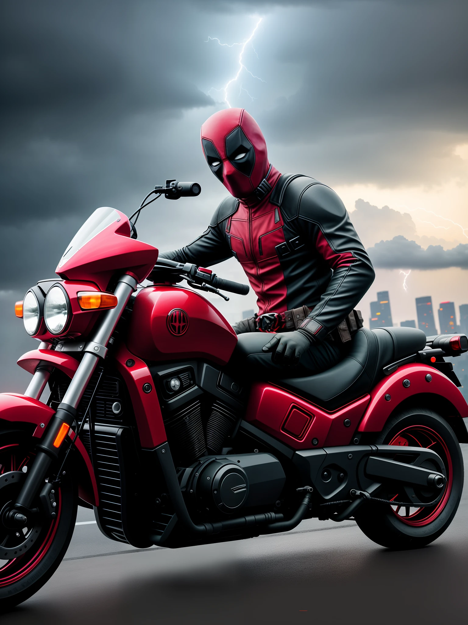 Create deadpool marvel biker style cyberpunk synthwave images in a red Honda Twister with gleaming green wheels amidst realistic ultra hd thunder and lightning