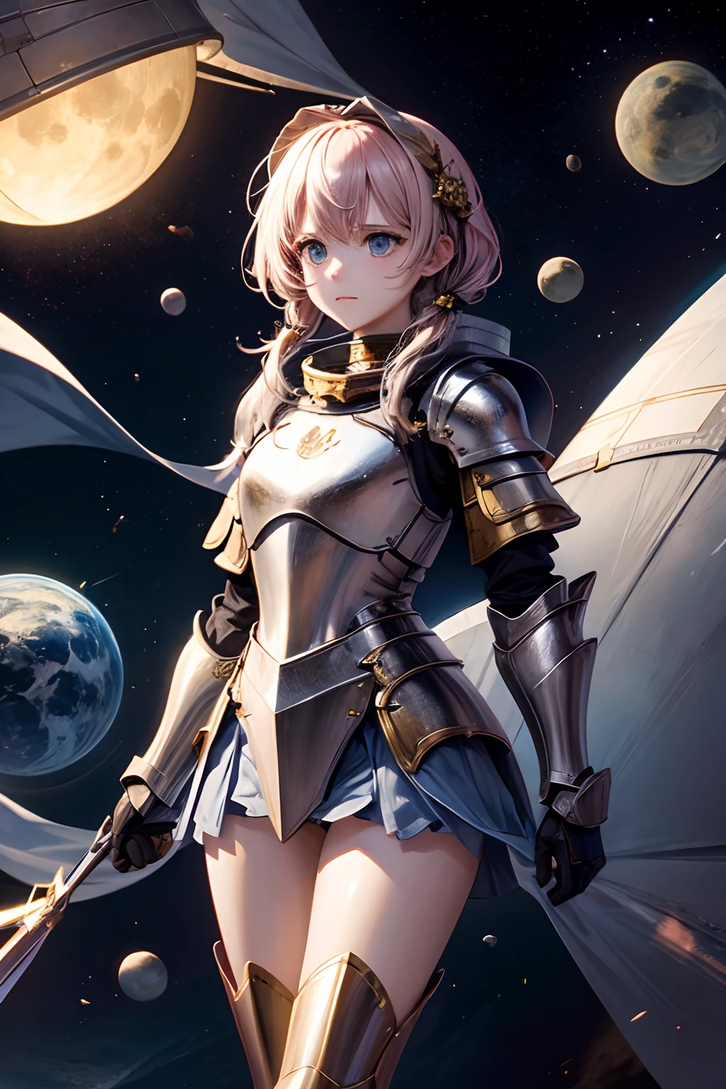 1girl, space, knight, armour, light hair,