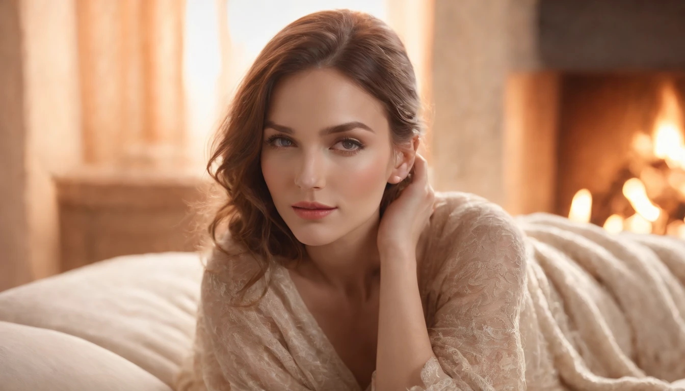 (best quality,4k,8k,highres,masterpiece:1.2),ultra-detailed,(realistic,photorealistic,photo-realistic:1.37),boudoir photography,soft lighting,beautiful woman,full-length shot,warm color tones,cozy fireplace,relaxing on a sofa,warm and inviting ambiance,sofa placement in foreground,sensual atmosphere,gently dimmed lighting,romantic mood,soft and delicate features,carefully composed shot,body language expressing comfort and ease,subtle warmth spreading across the image,gentle glow of the fireplace as the main light source,soft shadows accentuating the curves and contours,silky fabrics in the background,beautifully styled hair and makeup,subtle and natural expressions,comfortable and intimate setting,artistic sensuality,subdued color palette,romantic and inviting composition,implied elegance and sophistication,alluring charm and grace.