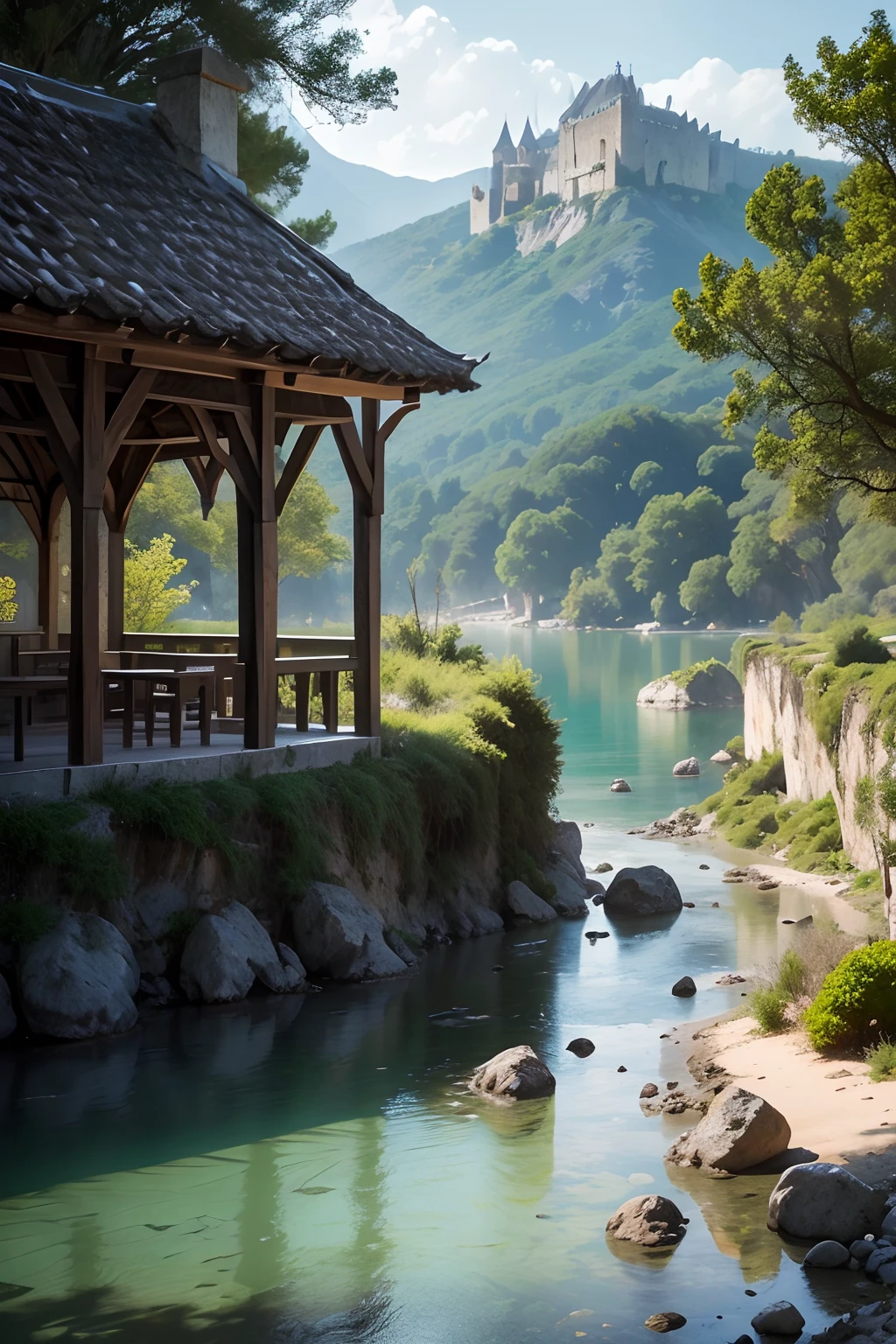 Tempo medieval, fundo branco extremamente puro,magical dream,guerra, 8k,luzes de holofote,Detalhes extremamente finos,Arquitetura medieval, planicies, mountain water,(Mar de Nuvens), pantanos, florestas.