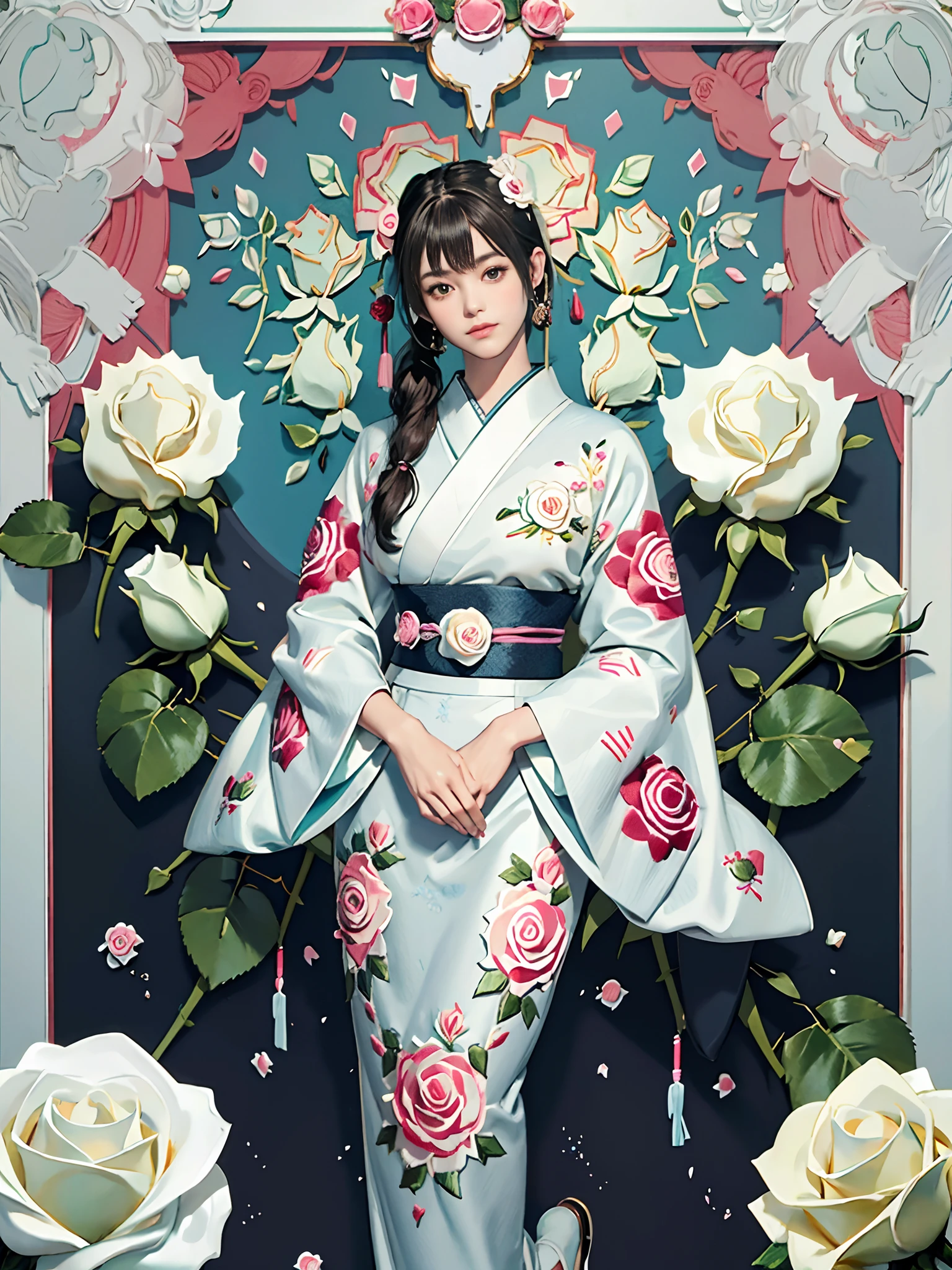 rokoko:1.5,Background of details(Japanese garden(White Rose:1.5)),BREAK ,elaborate costume(Luxury kimono(Light blue kimono(detailed embroidery(Rose pattern embroidery:1.2)))),BREAK,1 Beautiful and classy adult woman(Japanese actressl:1.2)(glossy dark hair(poneyTail:1.2))(Arms outstretched),BREAK,Wallpapers 16K,Blur the background,(masutepiece:1.5), (Best Quality:1.5),(Portrait photos:1.5),(full body Esbian:1.5)