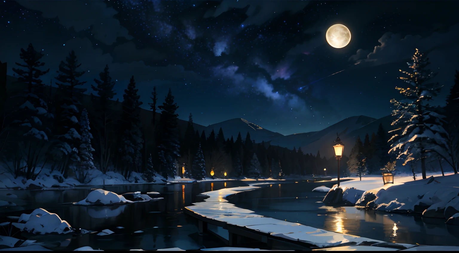 A painting of a river with stars and moon in the sky, concept art inspired by Tosa Mitsuoki, pixiv contest winner, best quality, fantasy art, beautiful anime scene, a bright moon, moonlit starry environment, dream painting, Anime Background Art, Fantasy Landscape Art, Fantasy Night, Anime Background, Background Artwork, Fantastic Art, Atmospheric Anime, Starry Sky, Detail Enhanced.