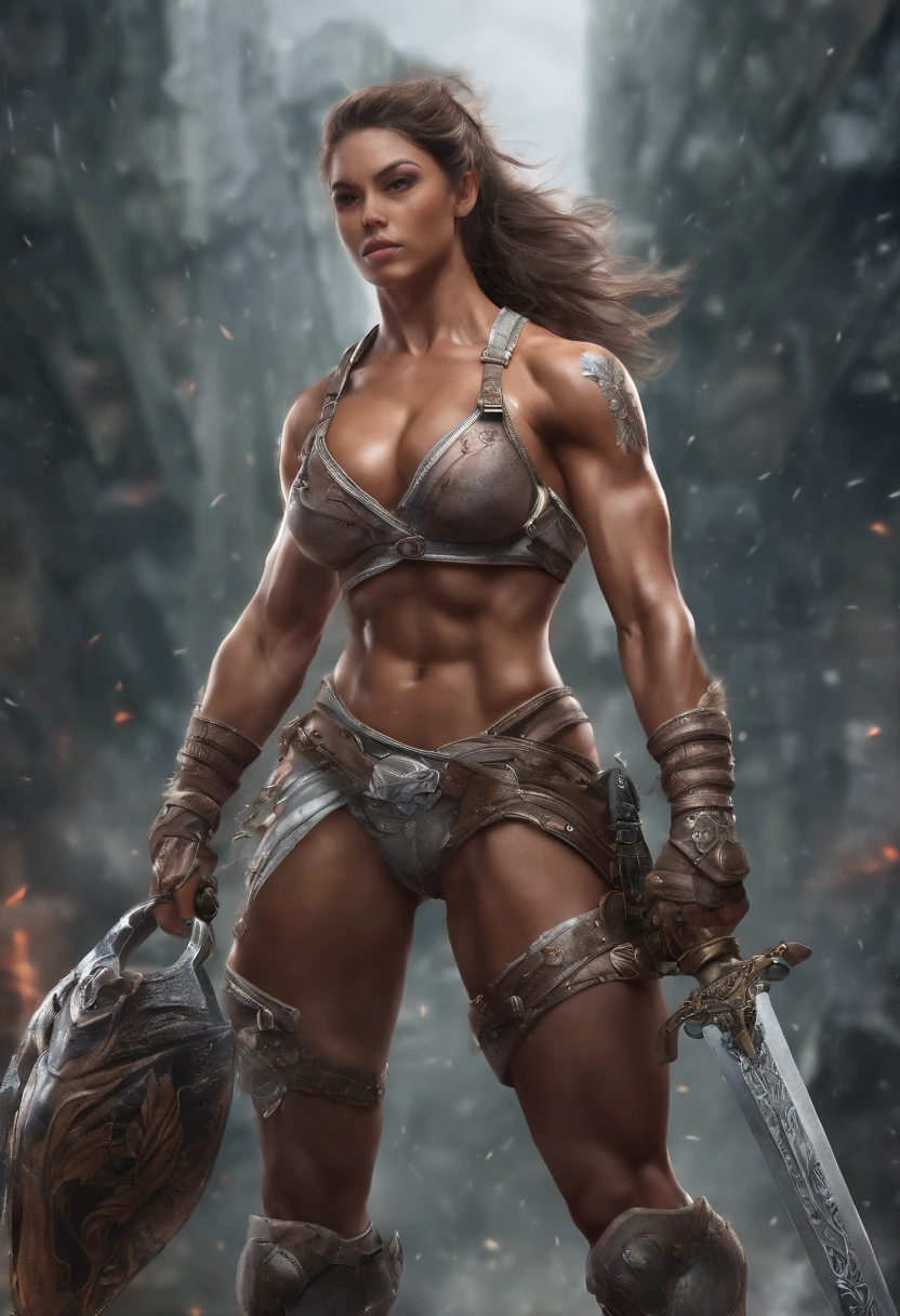 Massive muscular girl femalebodybuilder with big shoulders and boobs greats,with armor,she is jumping holding a sword