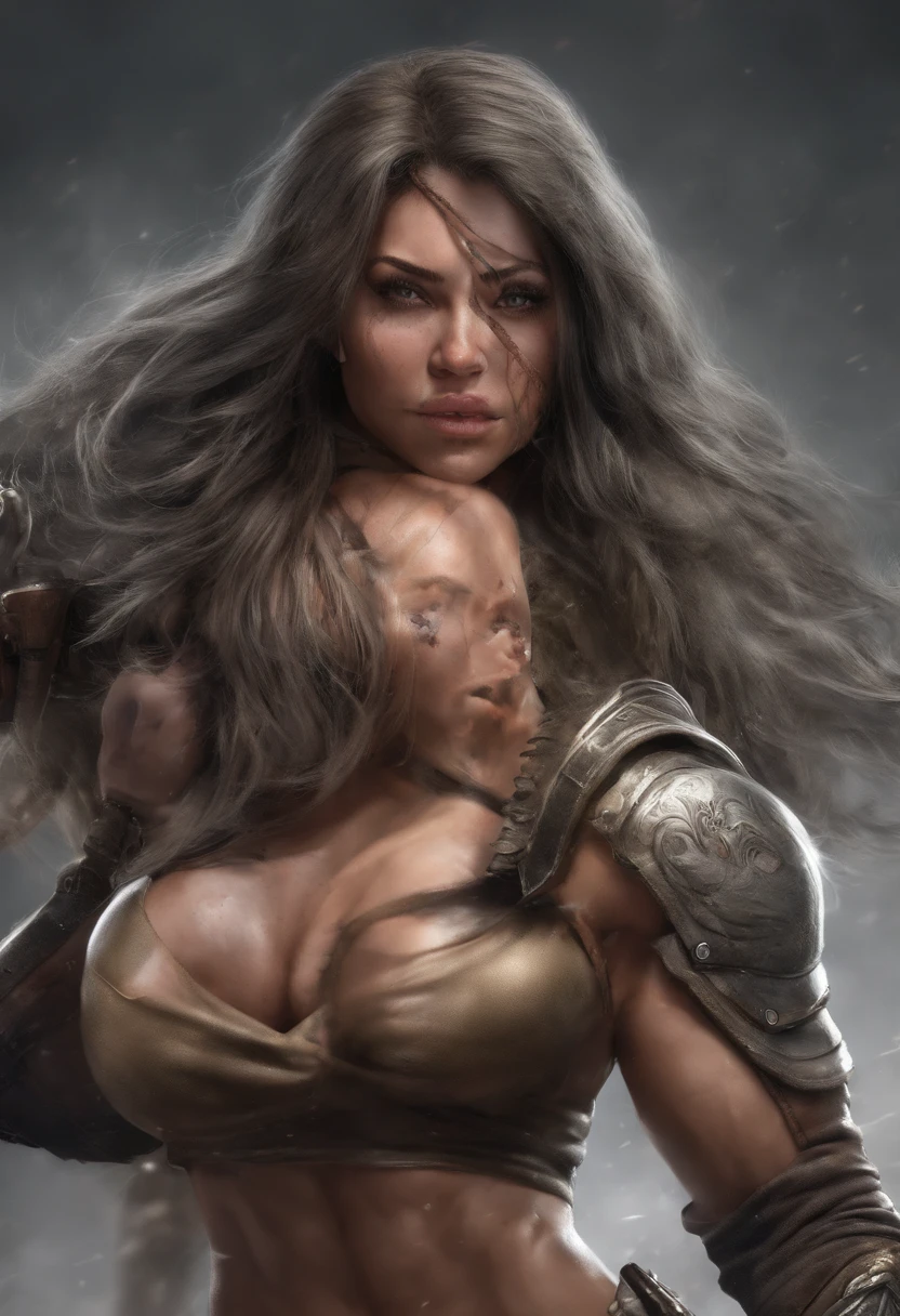 Massive muscular girl femalebodybuilder with big shoulders and boobs greats,with armor,she is jumping holding a sword